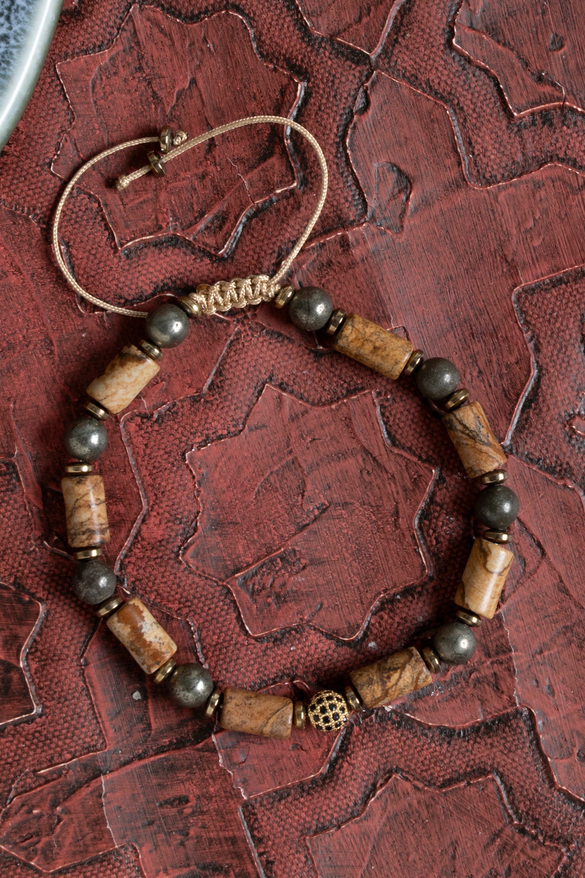 Sertfikalı Jasper &amp; Hematit &amp; Prit Doğal Taş Makrome Bileklik