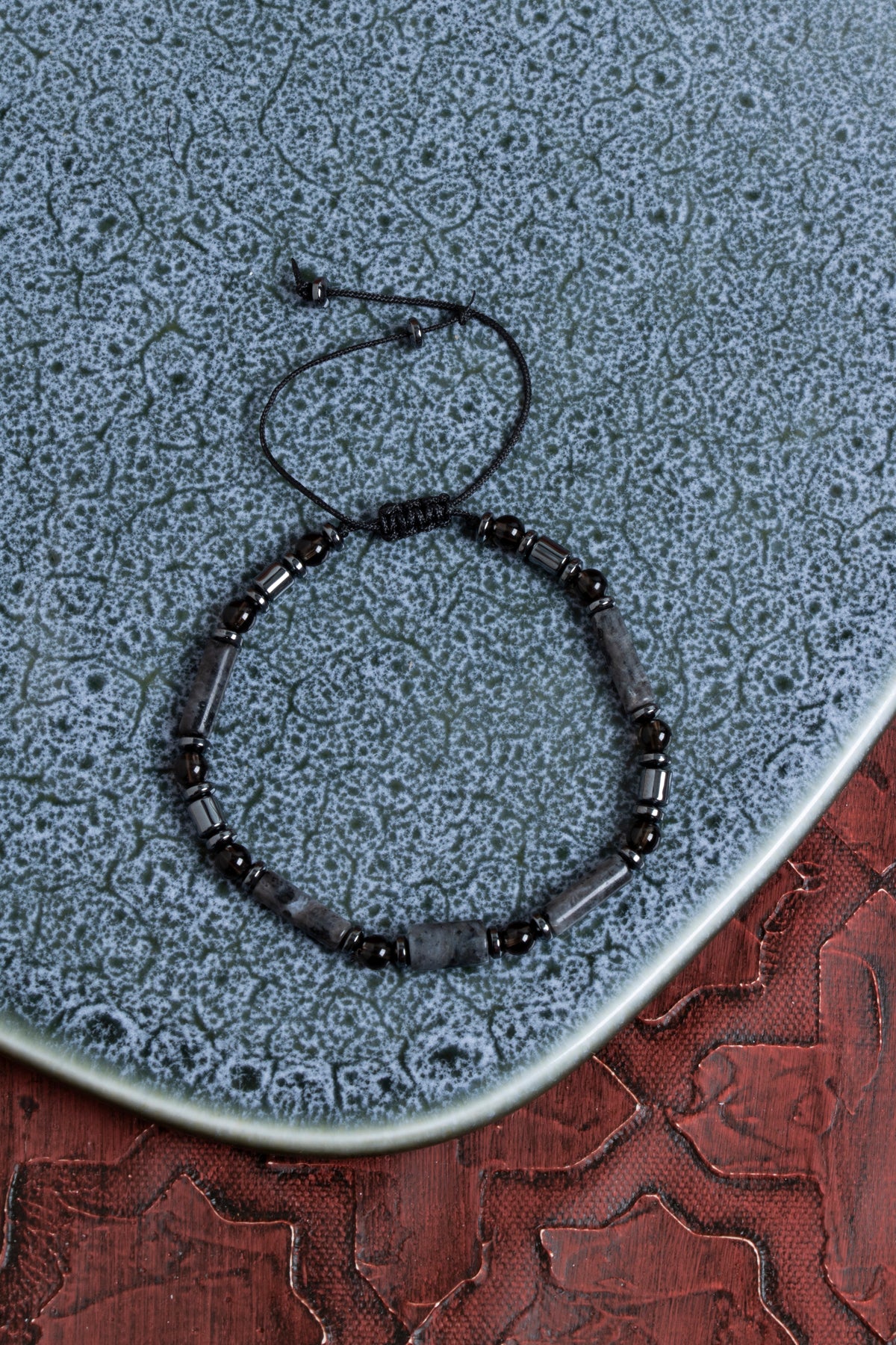 Sertfikalı Spektrolit &amp; Dumanlı Kuvars &amp; Hematit Doğal Taş Makrome Bileklik