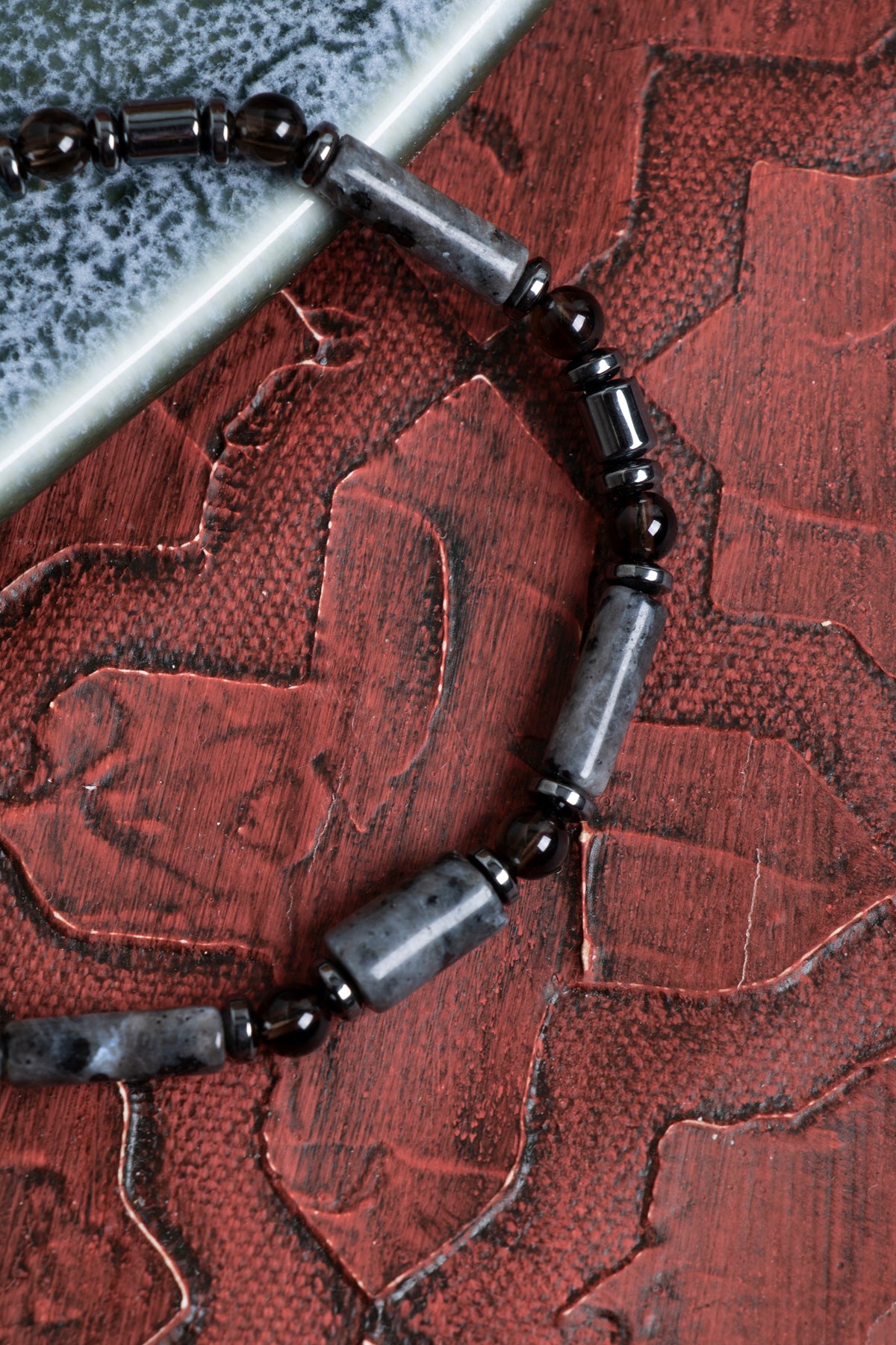 Sertfikalı Spektrolit &amp; Dumanlı Kuvars &amp; Hematit Doğal Taş Makrome Bileklik