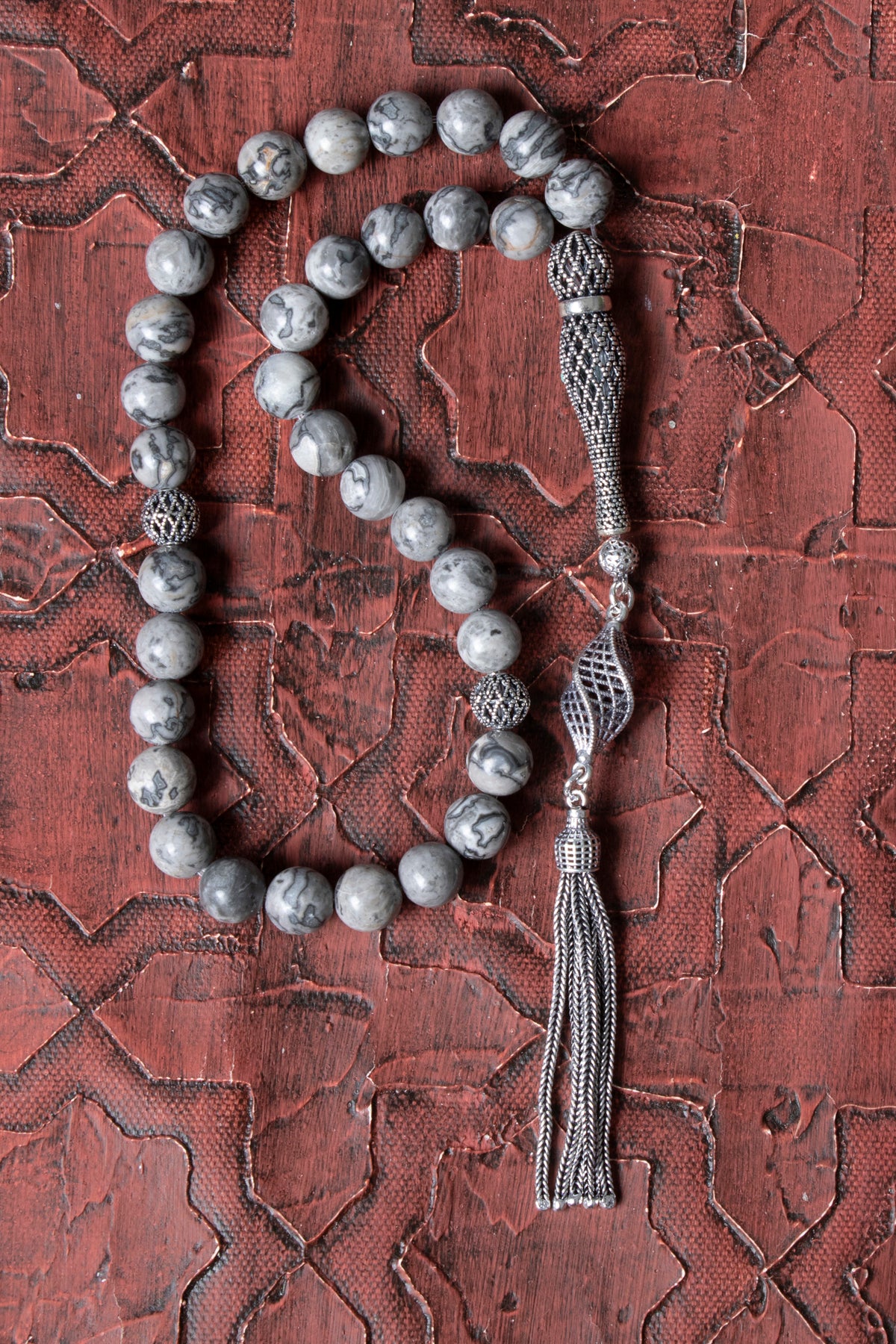 Sertifikalı 8 mm Jasper 925 Ayar Gümüş İmameli Püsküllü Tesbih