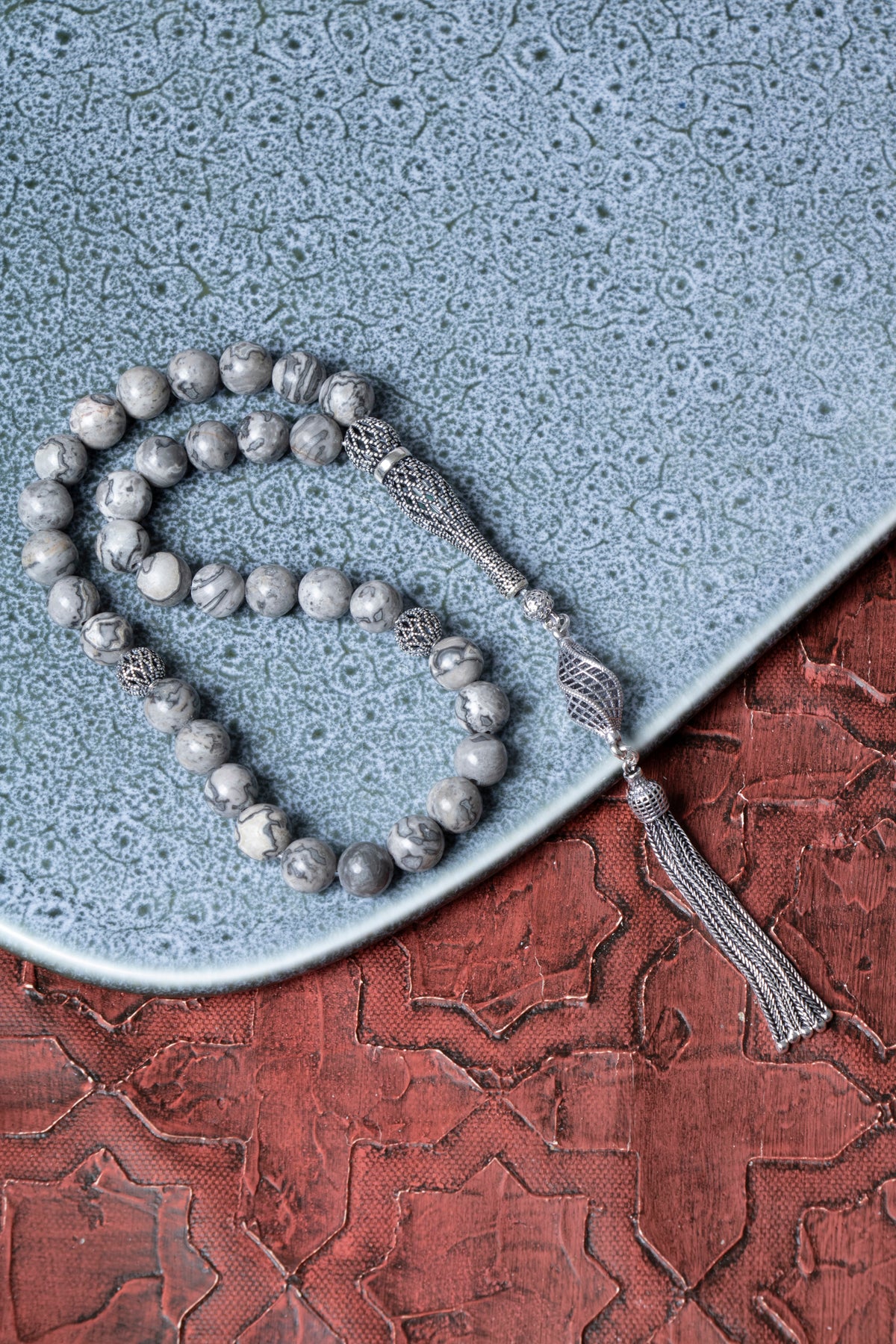 Sertifikalı 8 mm Jasper 925 Ayar Gümüş İmameli Püsküllü Tesbih