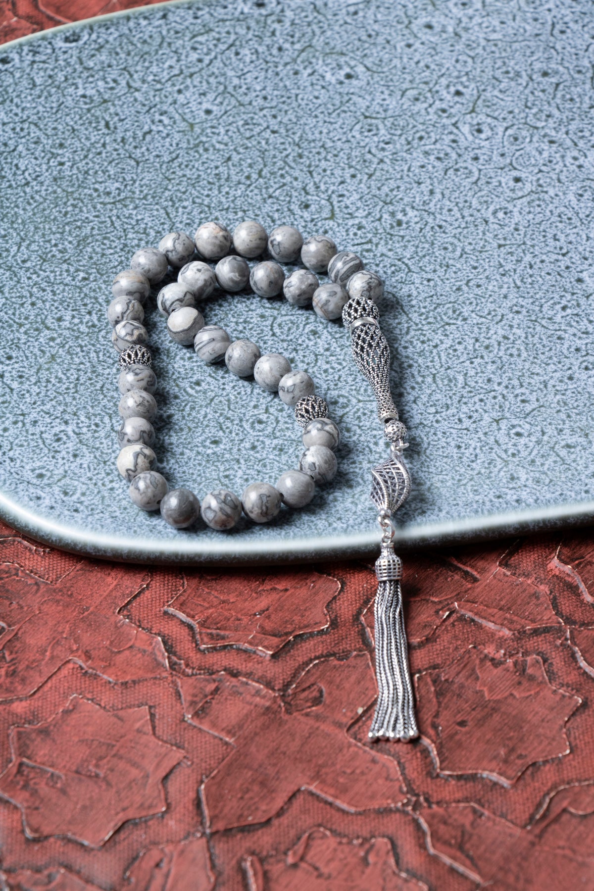 Sertifikalı 8 mm Jasper 925 Ayar Gümüş İmameli Püsküllü Tesbih