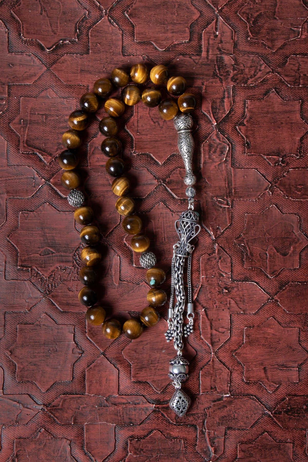 Sertifikalı Kaplan Gözü 10 mm 925 Ayar Gümüş İmameli Püsküllü Tesbih