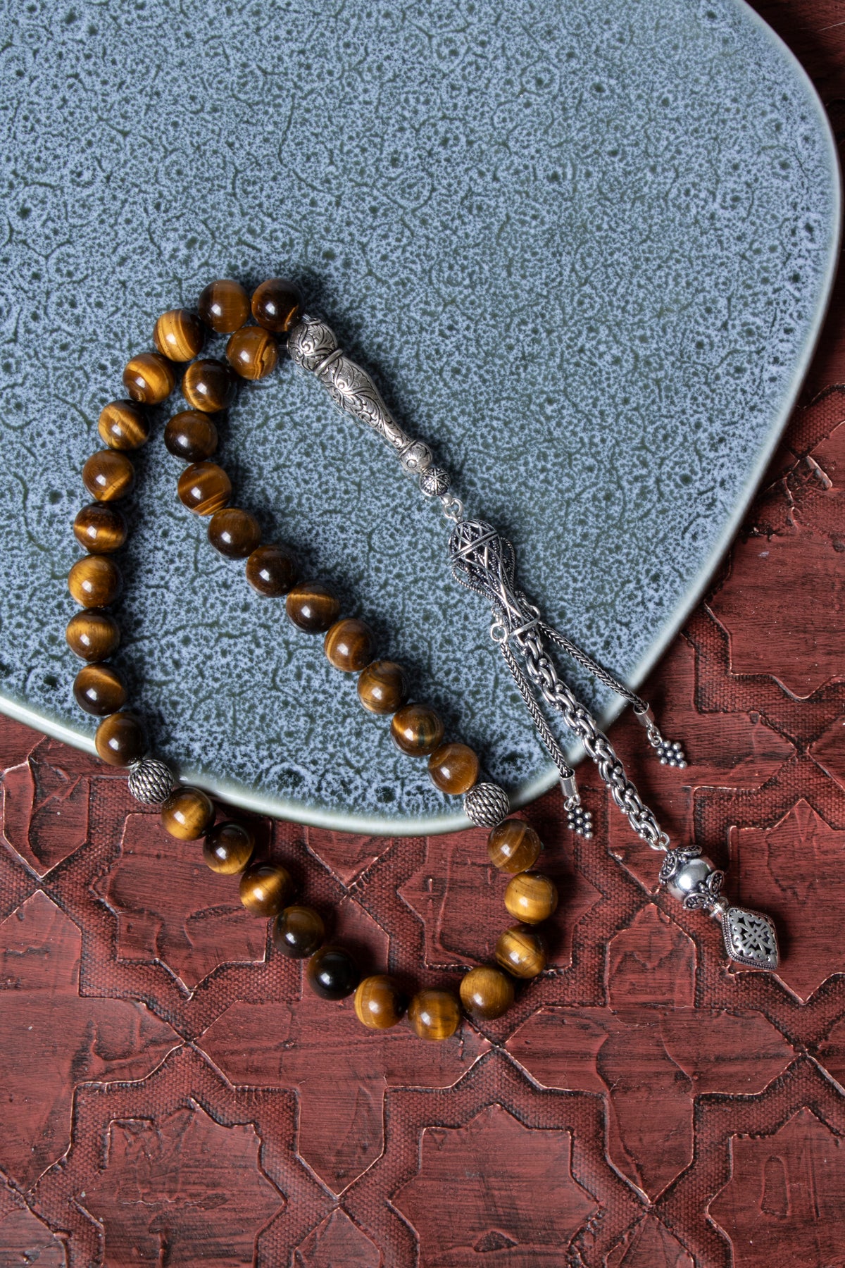 Sertifikalı Kaplan Gözü 10 mm 925 Ayar Gümüş İmameli Püsküllü Tesbih