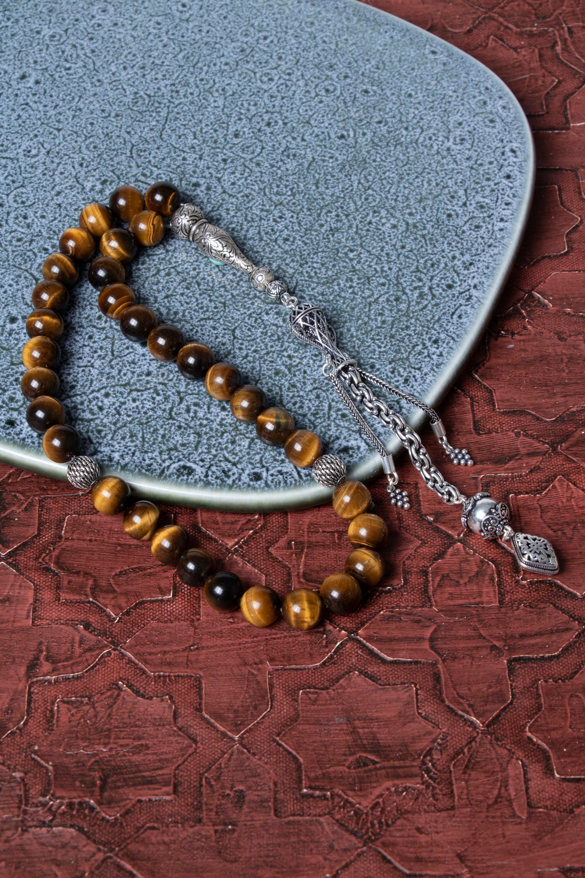 Sertifikalı Kaplan Gözü 10 mm 925 Ayar Gümüş İmameli Püsküllü Tesbih