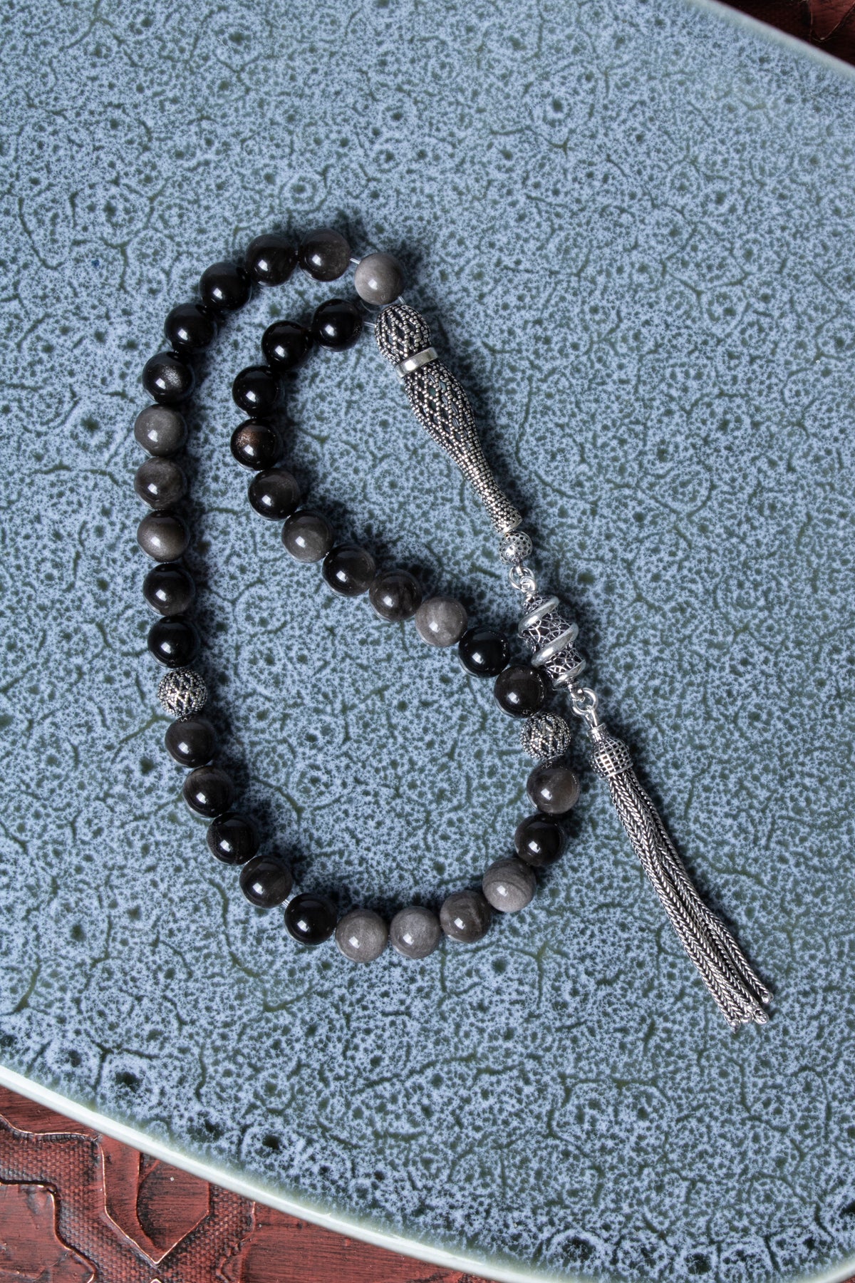 Sertifikalı Obsidyen 10 mm 925 Ayar Gümüş İmameli Püsküllü Tesbih