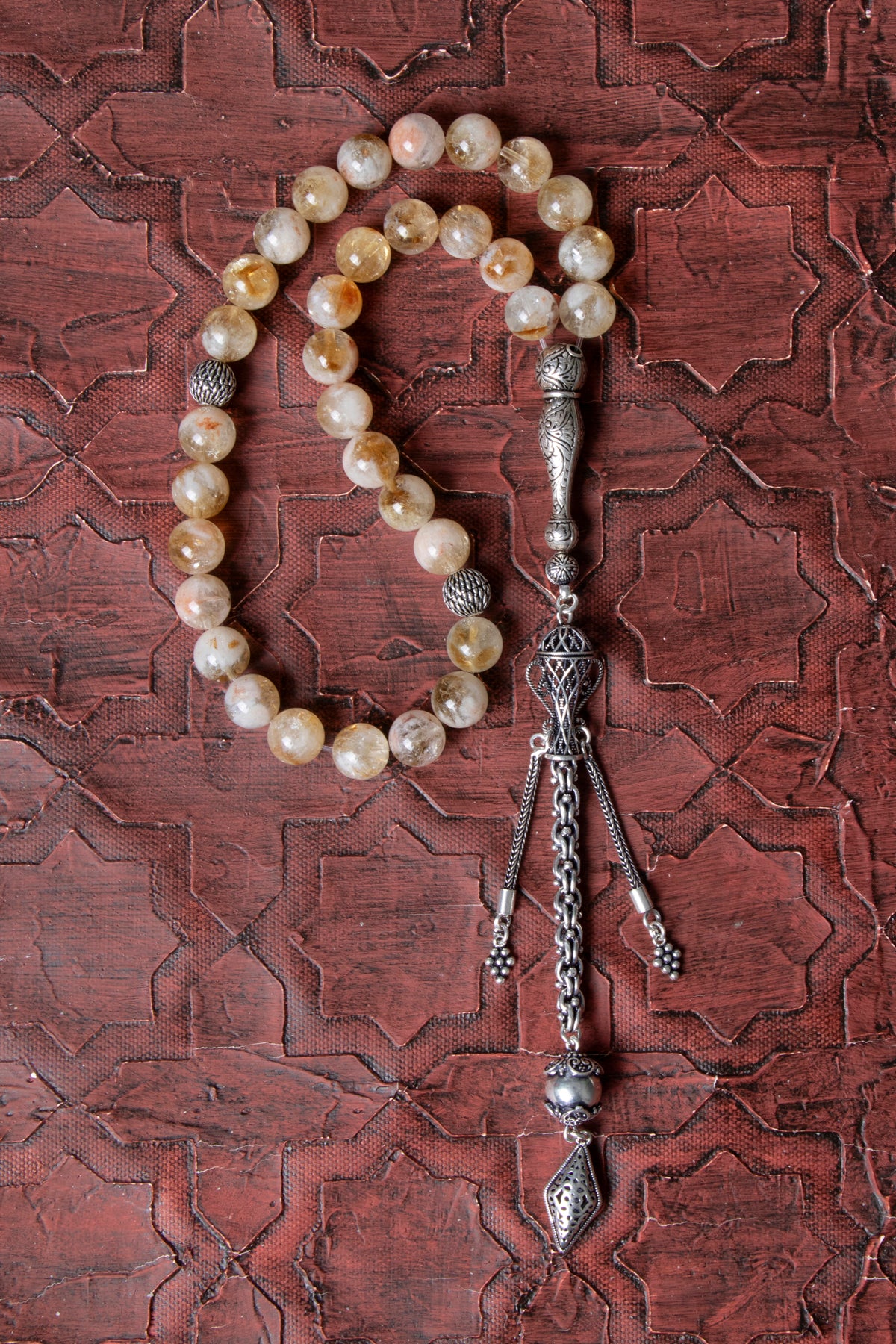 Sertifikalı Sitrin 10 mm 925 Ayar Gümüş İmameli Püsküllü Tesbih