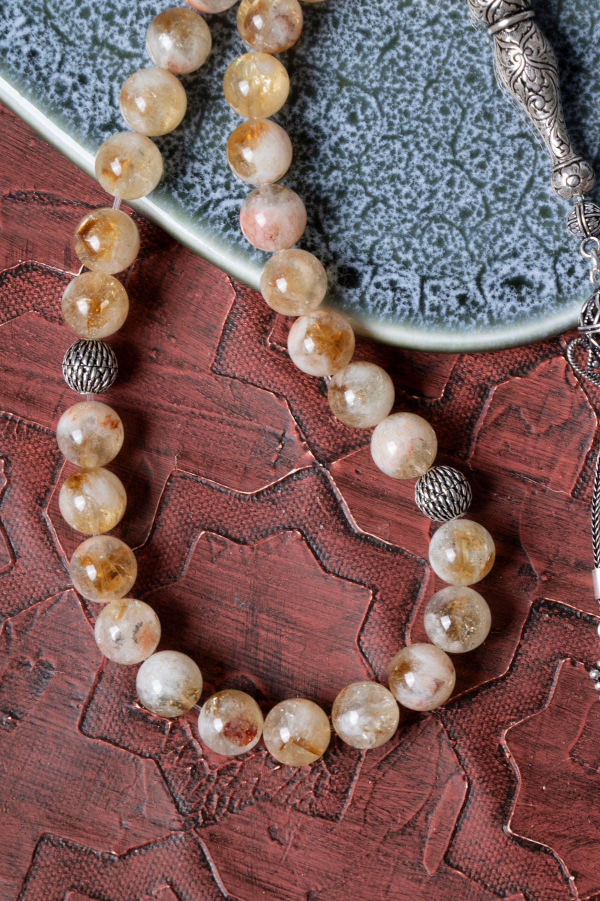 Sertifikalı Sitrin 10 mm 925 Ayar Gümüş İmameli Püsküllü Tesbih