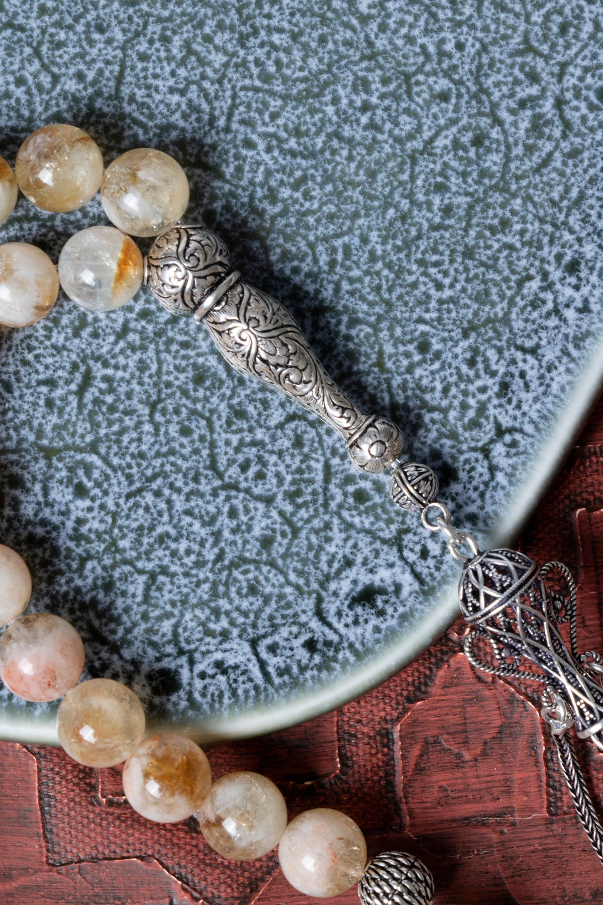 Sertifikalı Sitrin 10 mm 925 Ayar Gümüş İmameli Püsküllü Tesbih