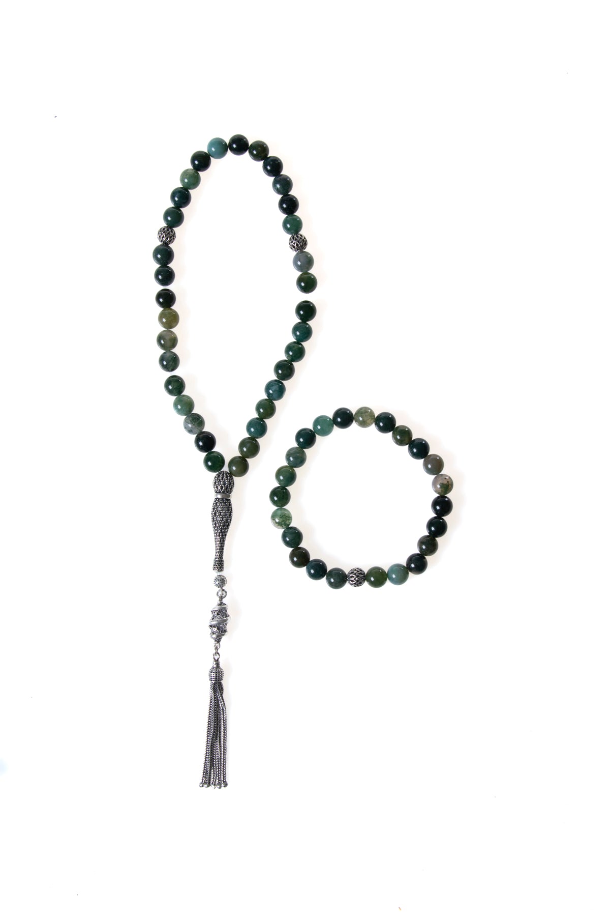 Sertifikalı Akik 925 Ayar Gümüş 8 mm İmameli Tesbih &amp; Bileklik Seti