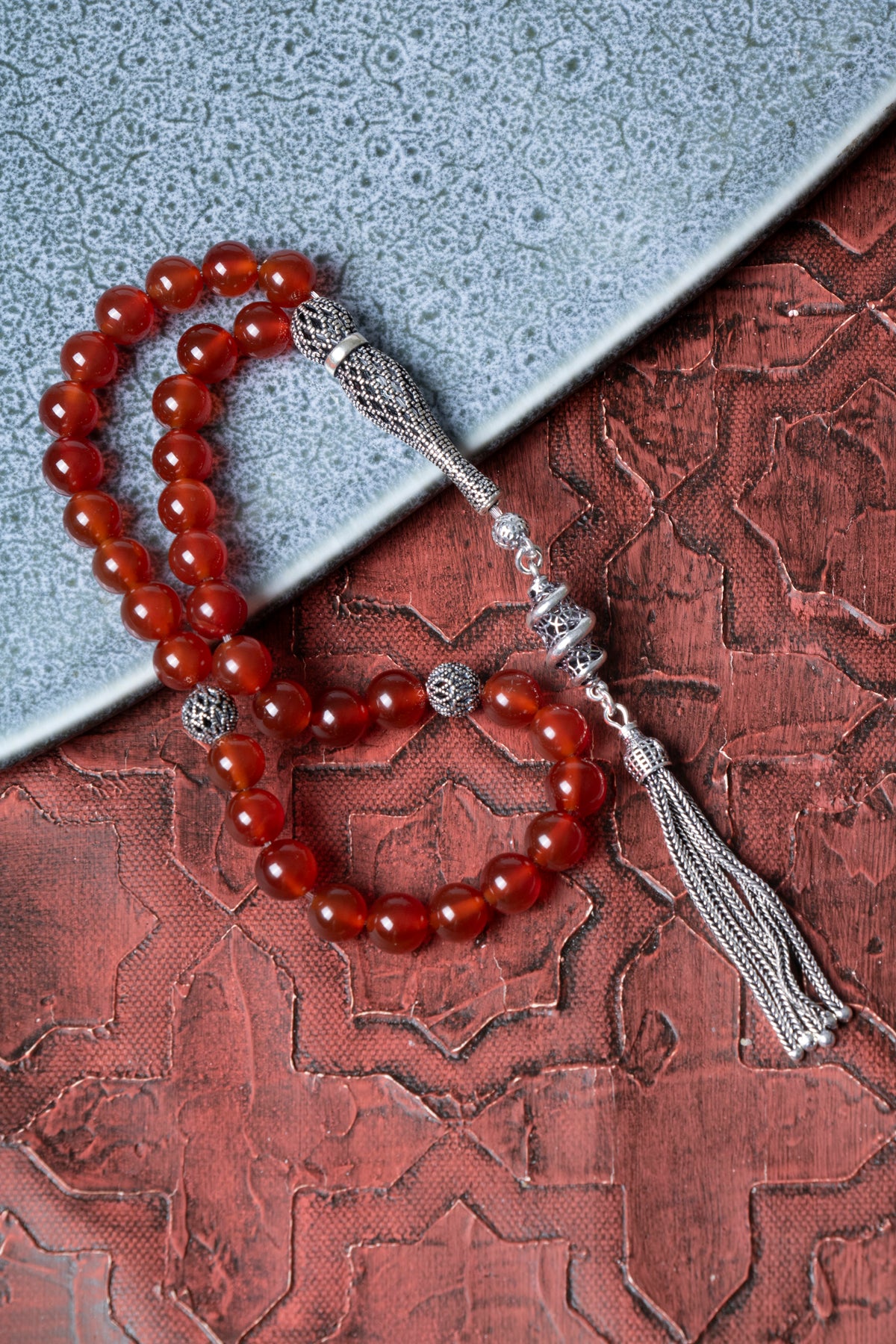 Sertifikalı 8 mm Akik 925 Ayar Gümüş İmameli Püsküllü Tesbih