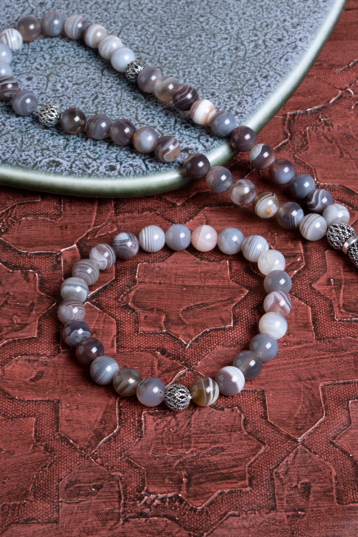 Sertifikalı Bostwana Akik 925 Ayar Gümüş 8 mm İmameli Tesbih &amp; Bileklik Seti