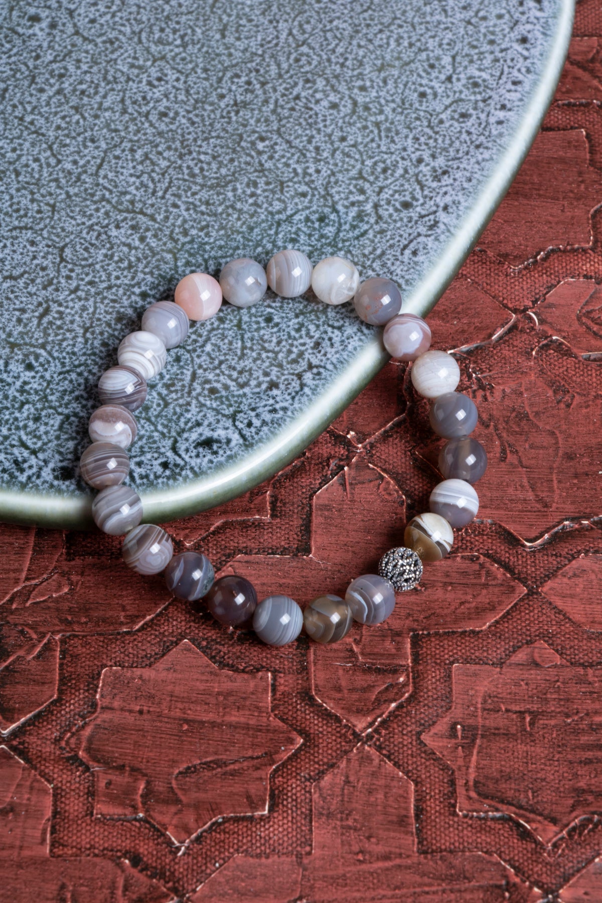 Sertifikalı Bostwana Akik 925 Ayar Gümüş 8 mm İmameli Tesbih &amp; Bileklik Seti