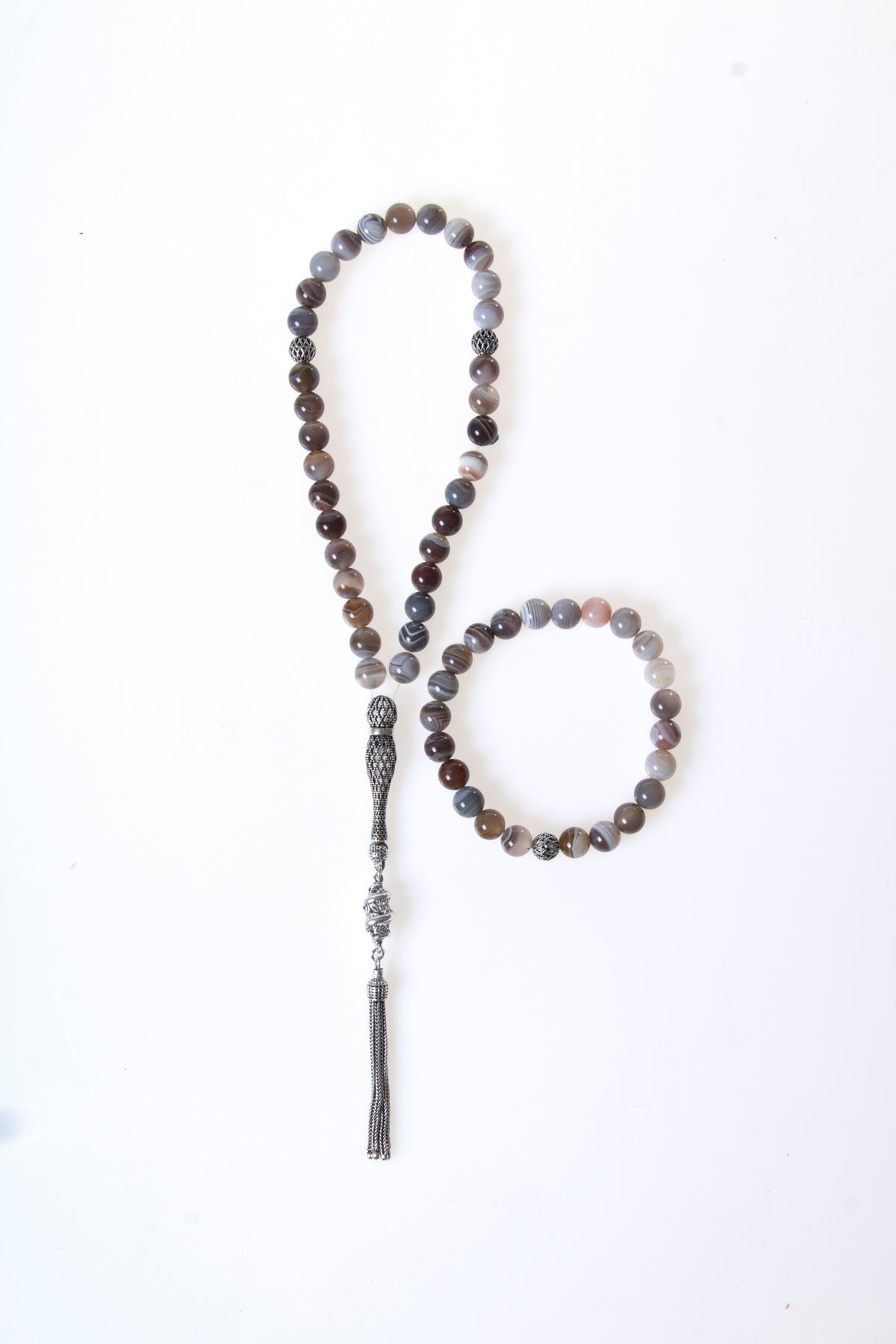 Sertifikalı Bostwana Akik 925 Ayar Gümüş 8 mm İmameli Tesbih &amp; Bileklik Seti