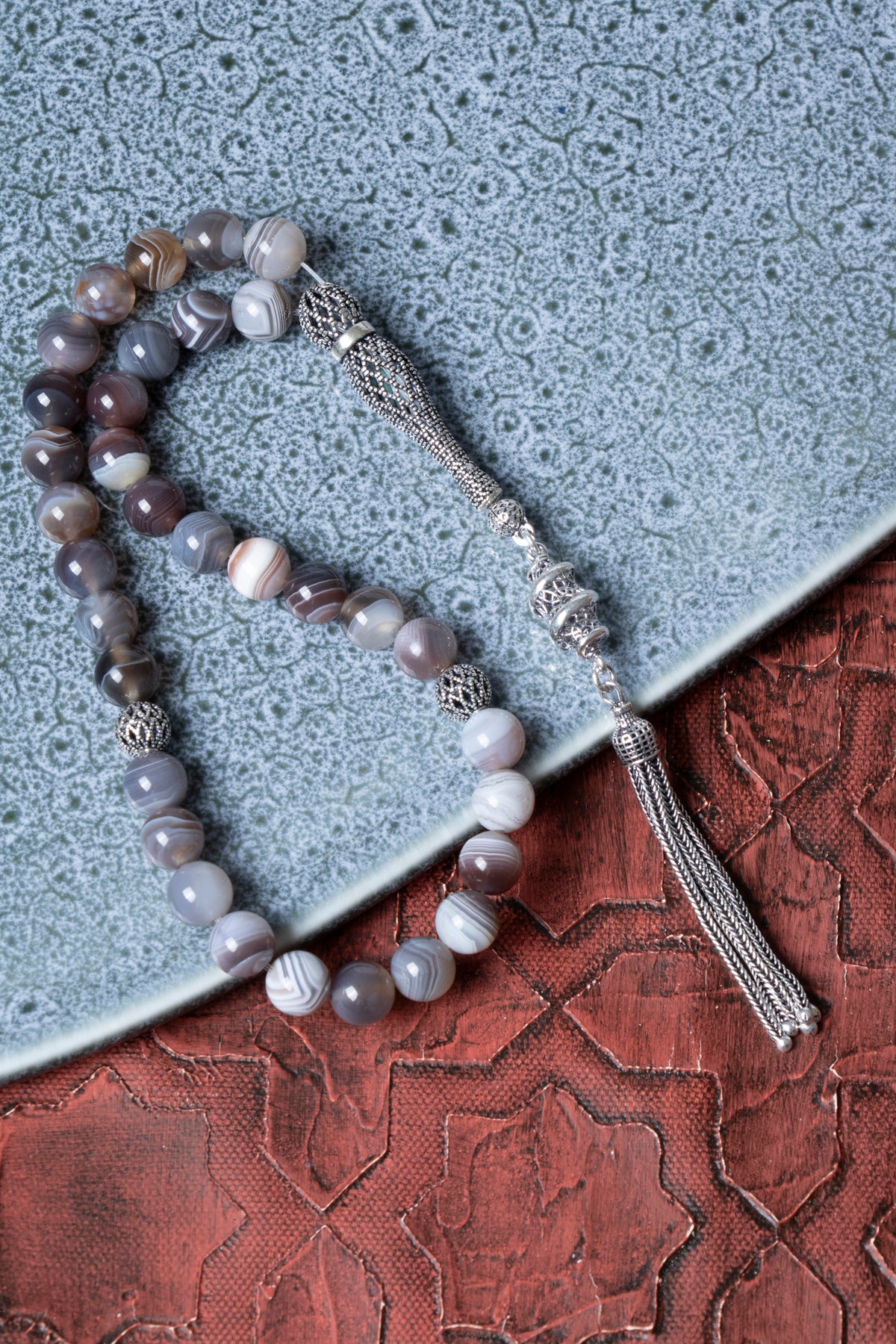 Sertifikalı 8 mm Bostwana Akik 925 Ayar Gümüş İmamiye Püsküllü Tesbih