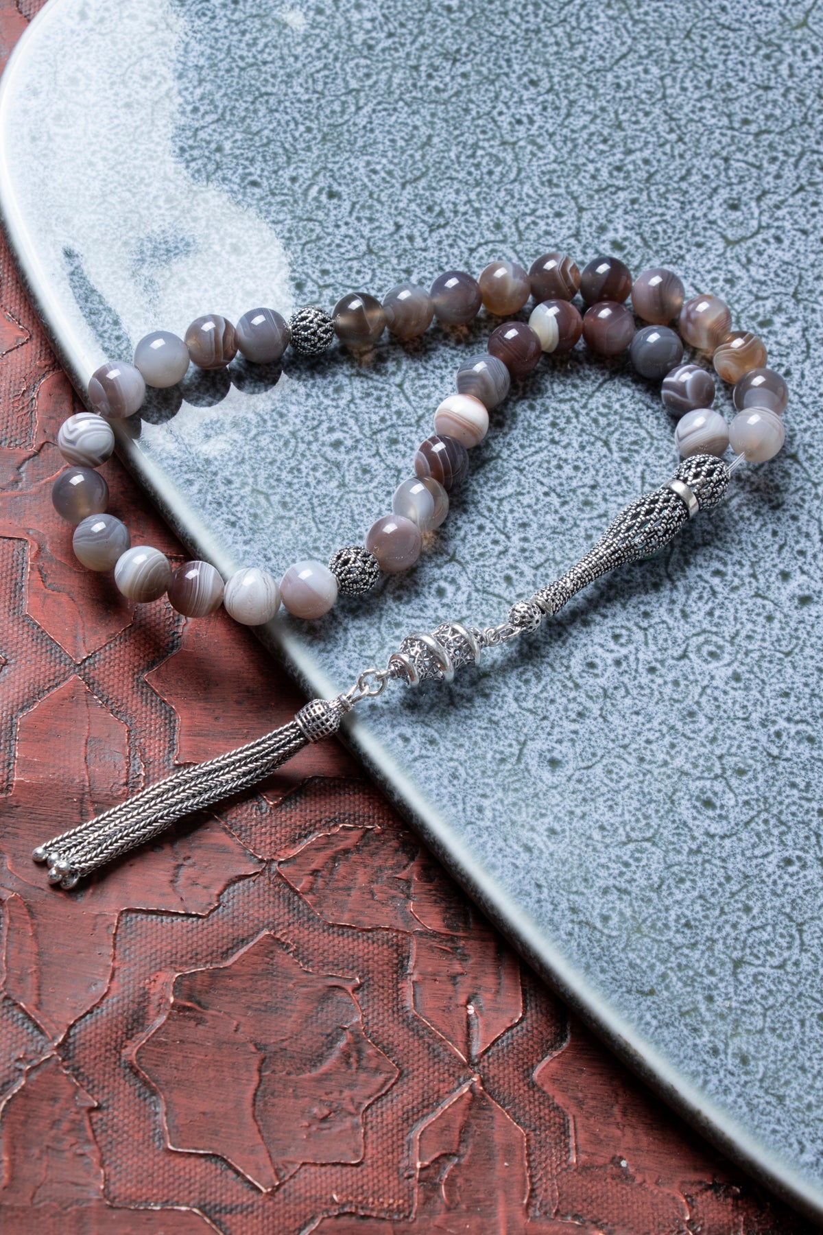 Sertifikalı 8 mm Bostwana Akik 925 Ayar Gümüş İmamiye Püsküllü Tesbih