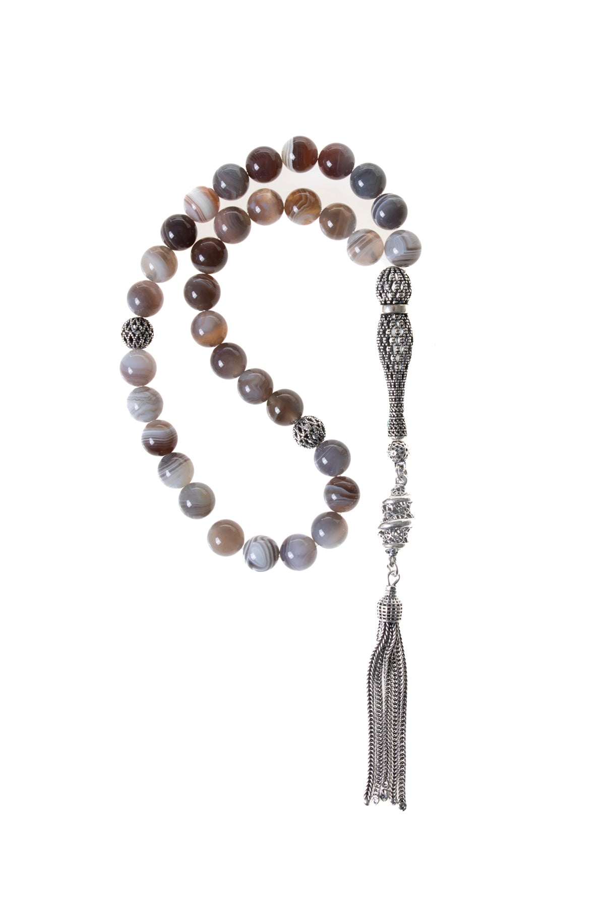 Sertifikalı 8 mm Bostwana Akik 925 Ayar Gümüş İmamiye Püsküllü Tesbih