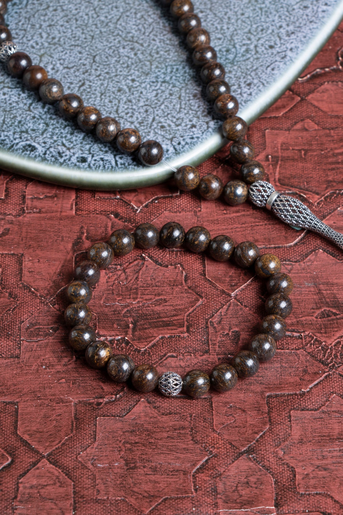 Sertifikalı Bronzit 925 Ayar Gümüş 8 mm İmameli Tesbih &amp; Bileklik Seti