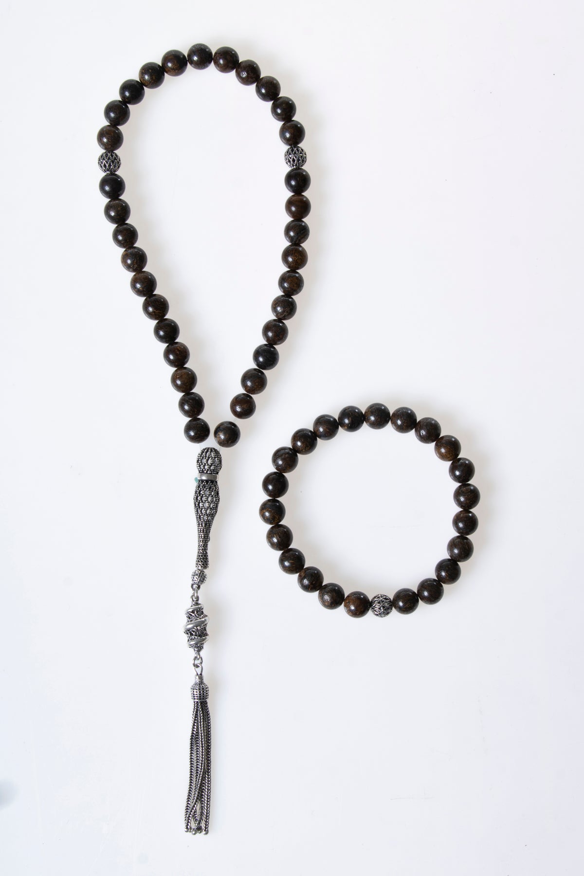 Sertifikalı Bronzit 925 Ayar Gümüş 8 mm İmameli Tesbih &amp; Bileklik Seti