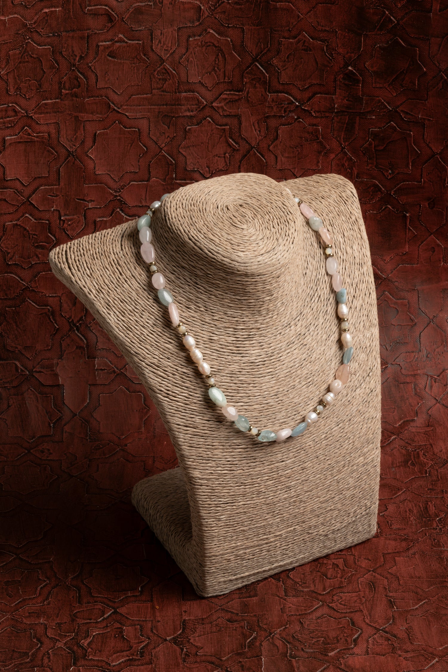 Sertifikalı Doğal Akuamarin, Pembe Kuvars, İnci ve Gümüş Kolye – Huzur, Sevgi ve Zarafet