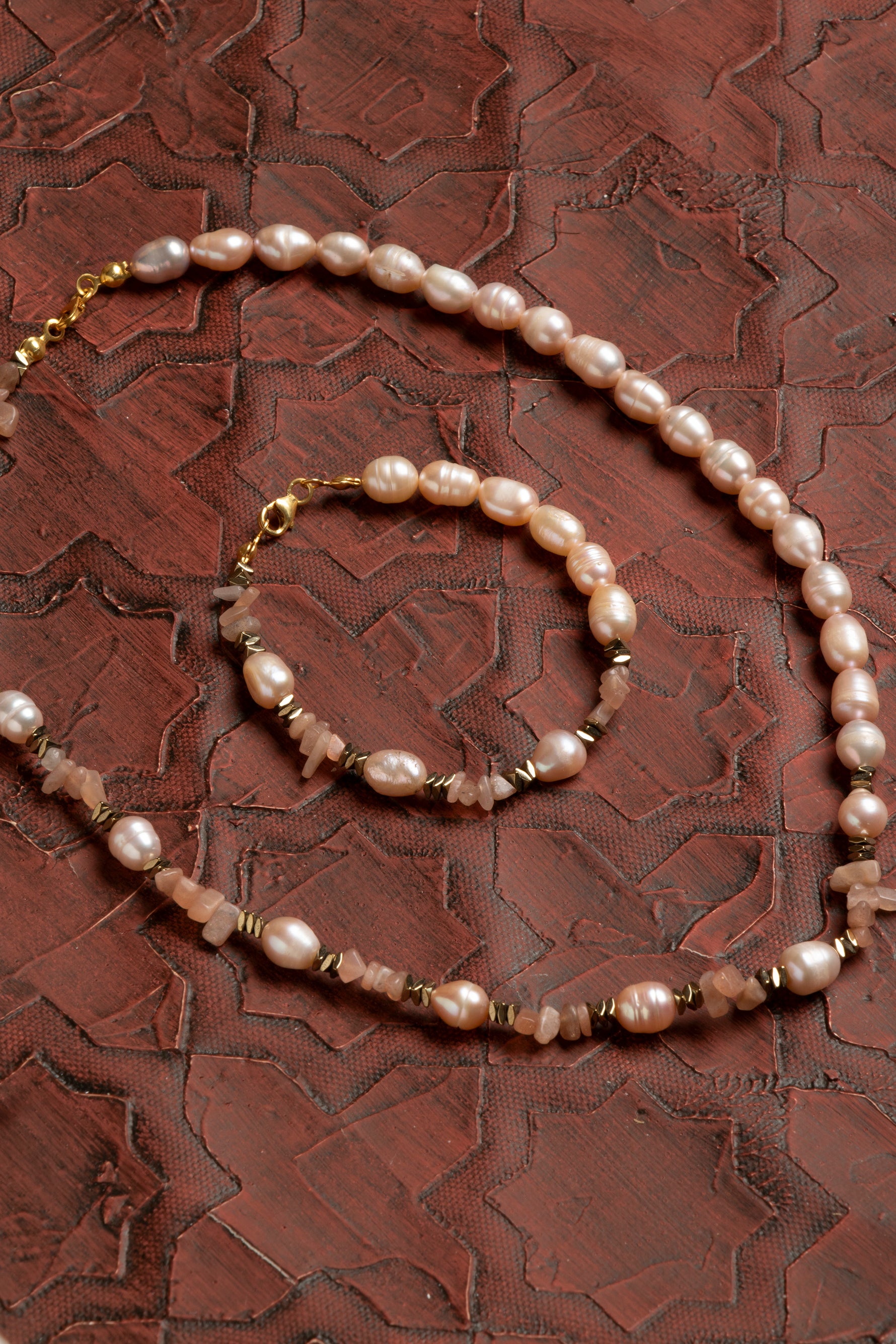 Sertifikalı Doğal Güneş Taşı &amp; İnci Set - Kolye &amp; Bileklik