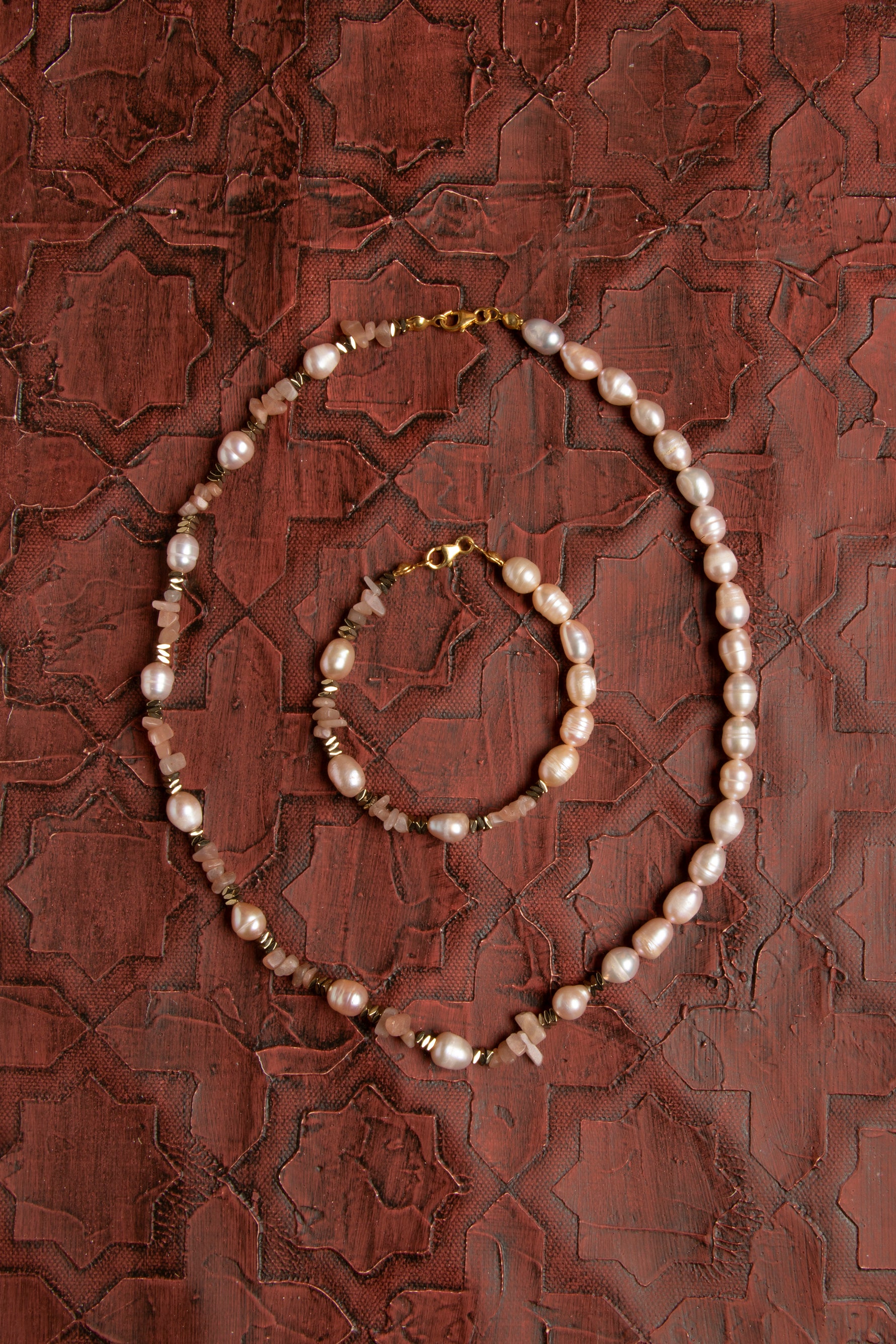 Sertifikalı Doğal Güneş Taşı &amp; İnci Set - Kolye &amp; Bileklik