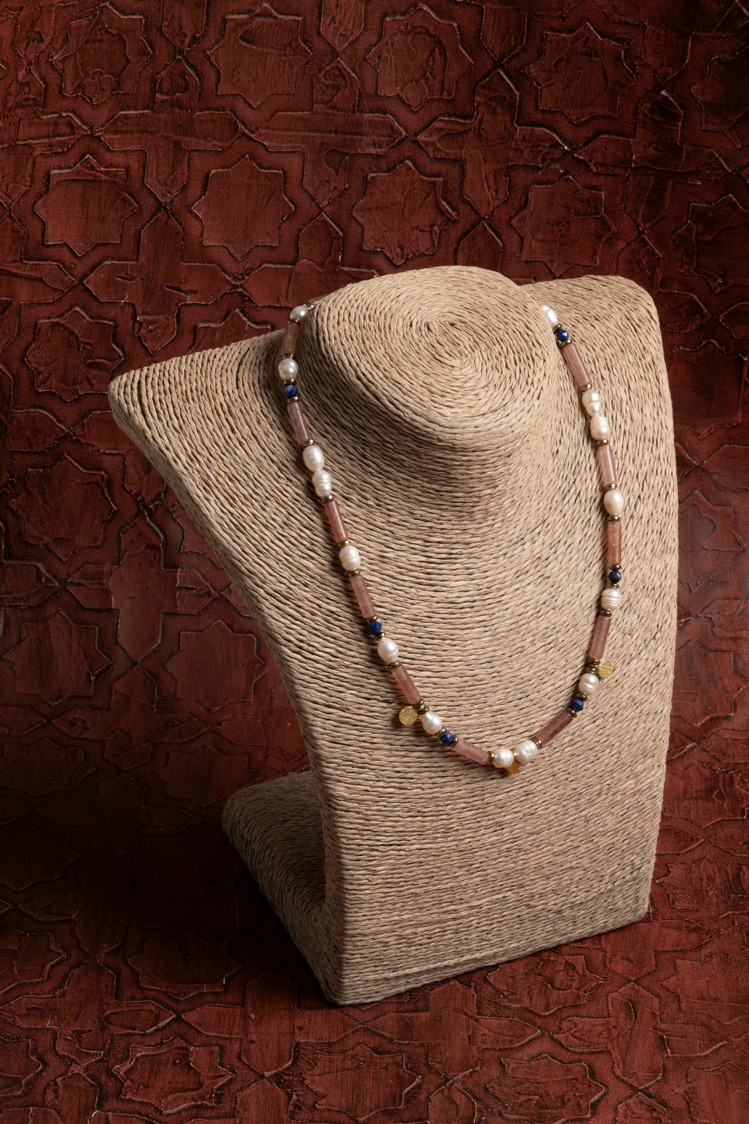 Sertifikalı Doğal İnci, Çilek Kuvars ve Lapis Lazuli Kolye