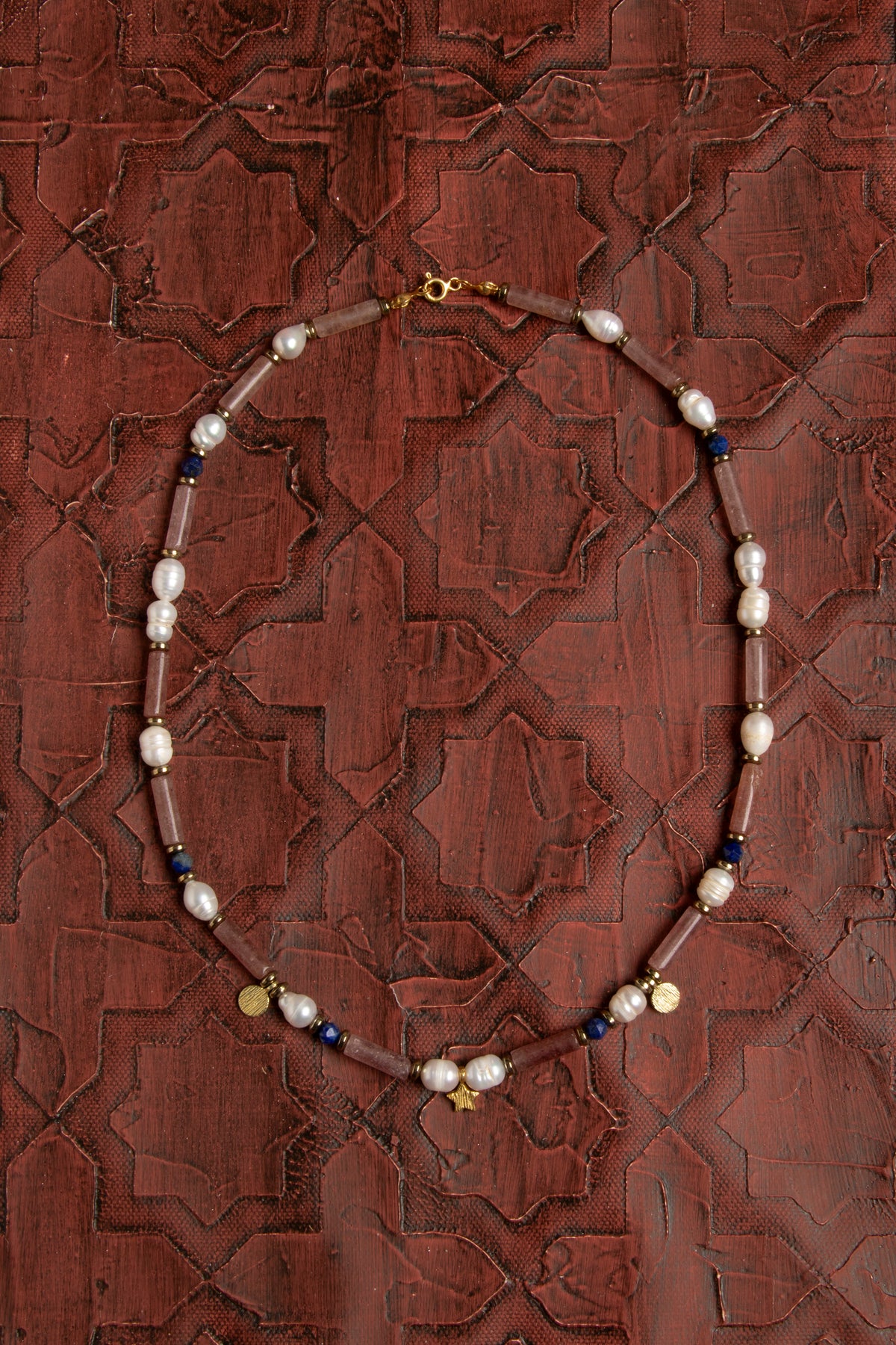 Sertifikalı Doğal İnci, Çilek Kuvars ve Lapis Lazuli Kolye