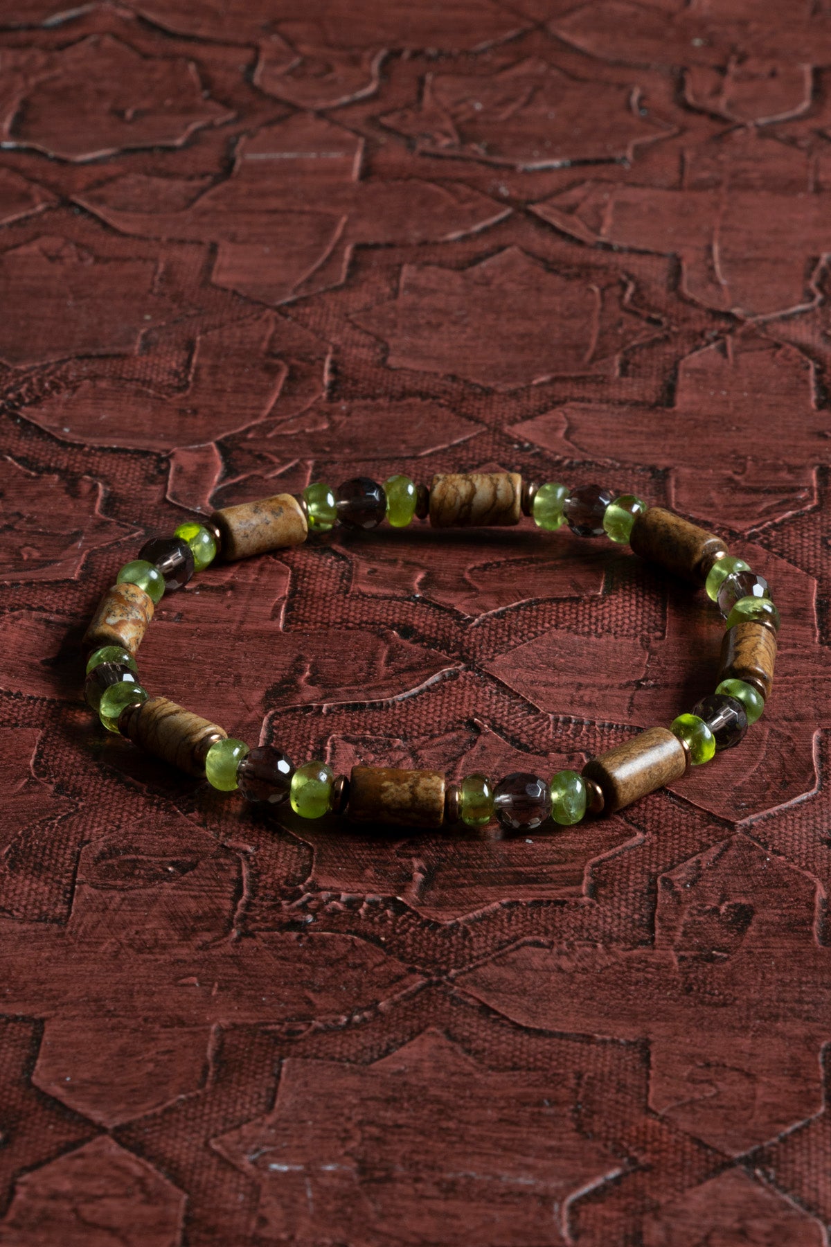 Sertifikalı Doğal Silindirik Kesim Jasper, Faset Dumanlı Kuvars &amp; Zebercet (Peridot) Bileklik – Saff Doğal Taş