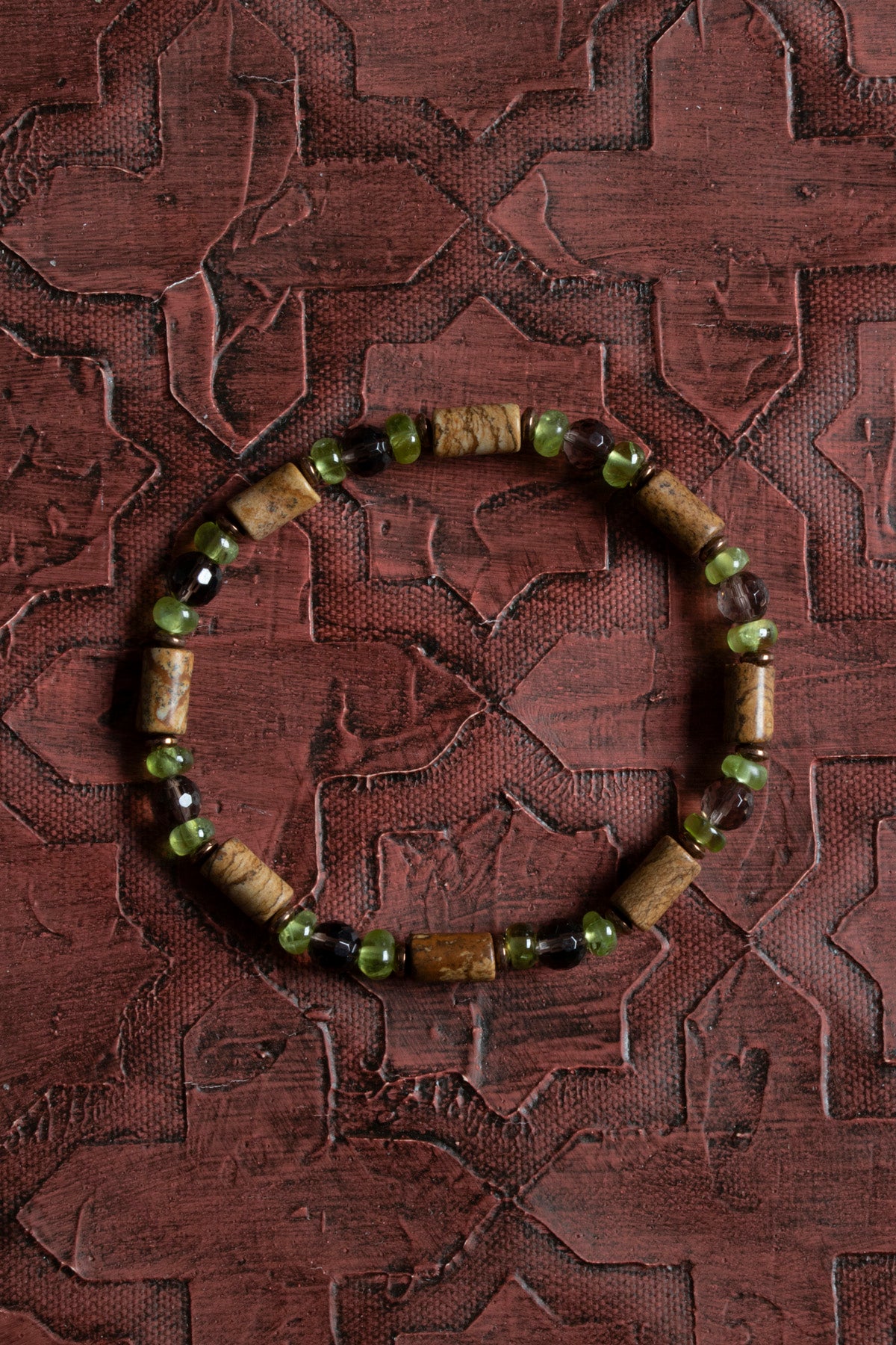 Sertifikalı Doğal Silindirik Kesim Jasper, Faset Dumanlı Kuvars &amp; Zebercet (Peridot) Bileklik – Saff Doğal Taş