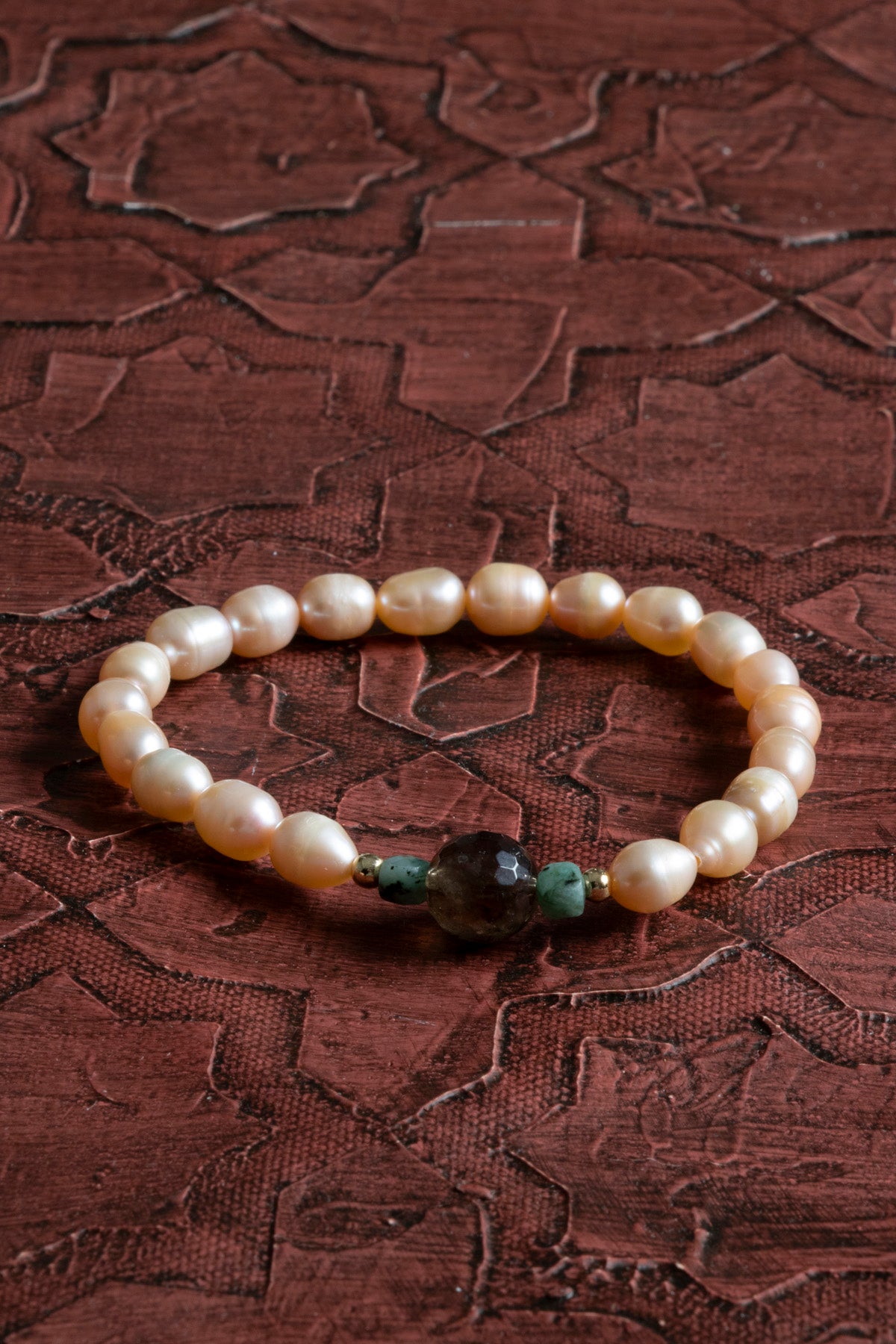 Sertifikalı Doğal Taş Pembe İnci, Zümrüt &amp; Dumanlı Kuvars Bileklik – Saff Doğal Taş