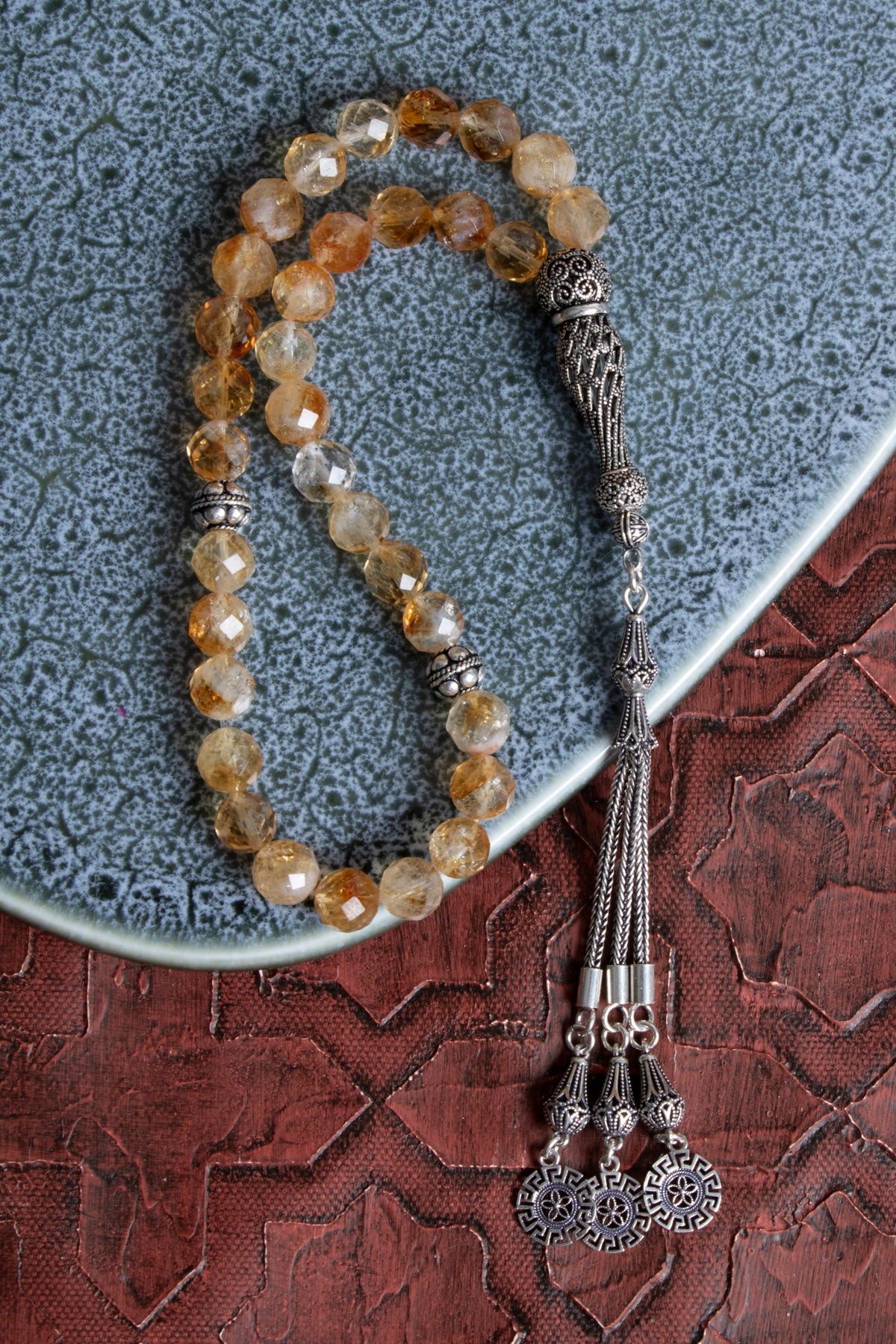 Sertifikalı Fasetli Sitrin Gümüş İmame Püskül Tesbih