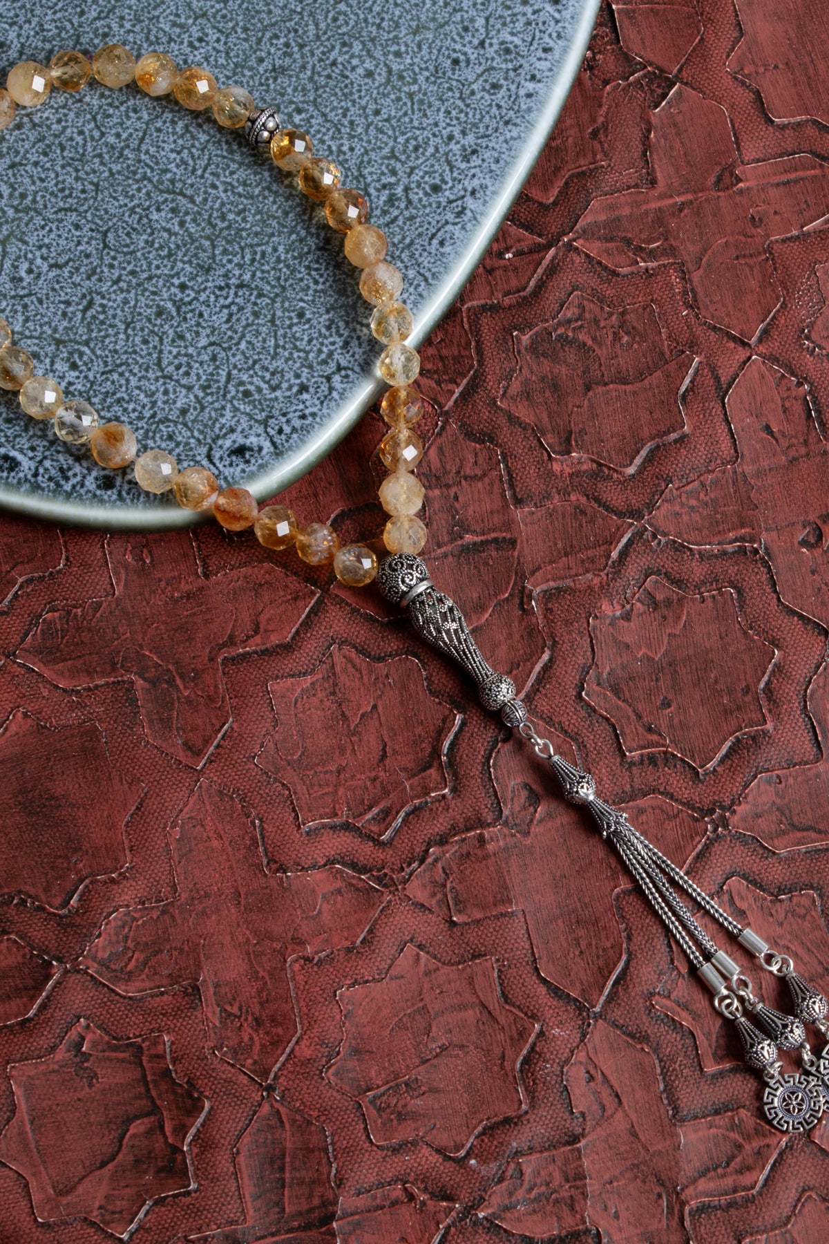 Sertifikalı Fasetli Sitrin Gümüş İmame Püskül Tesbih