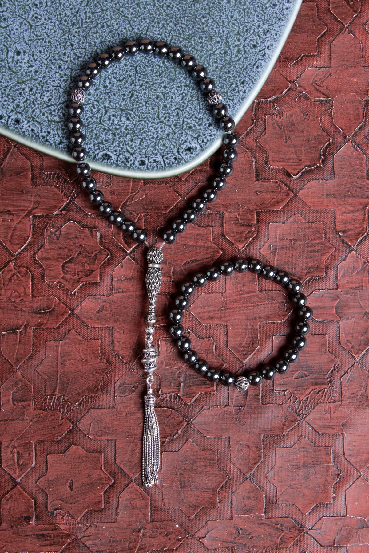 Sertifikalı Hematit 925 Ayar Gümüş 8 mm İmameli Tesbih &amp; Bileklik Seti