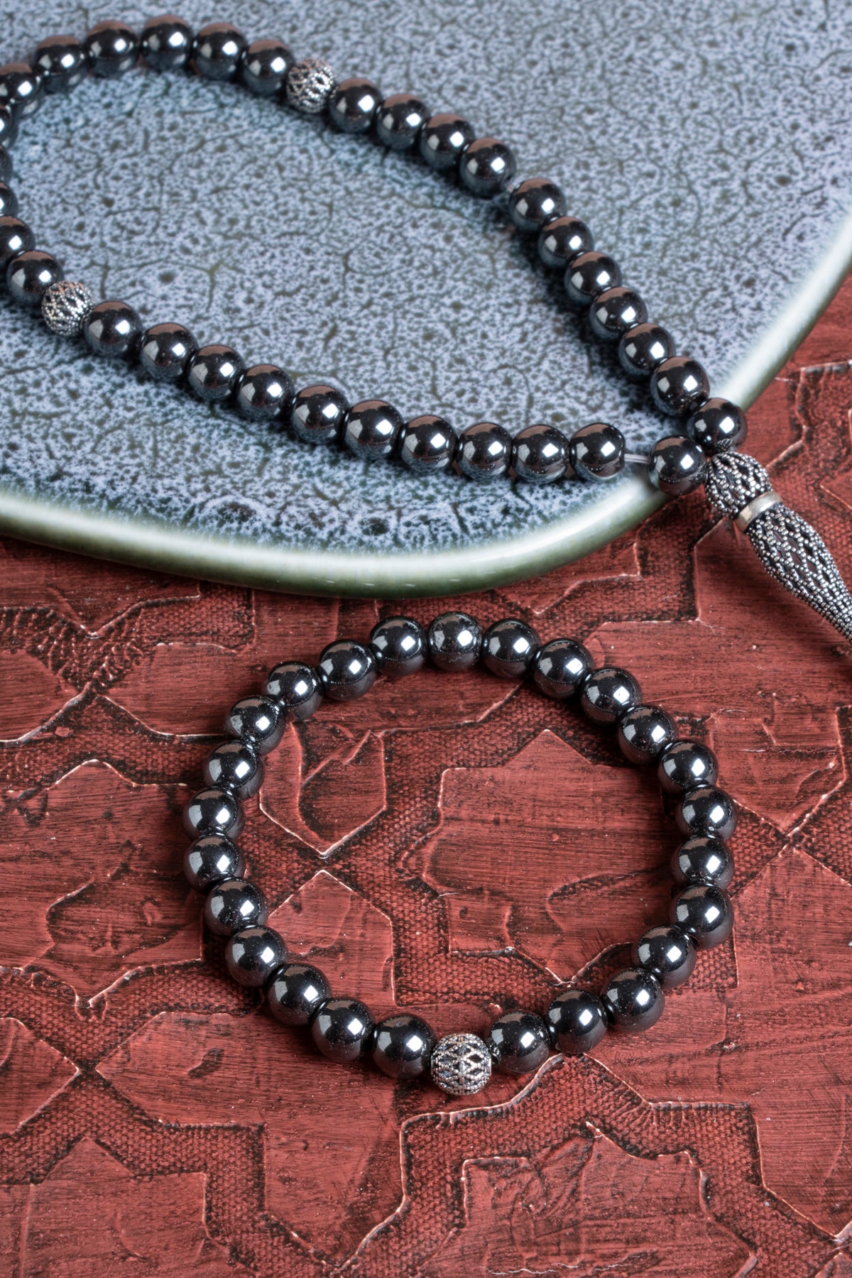 Sertifikalı Hematit 925 Ayar Gümüş 8 mm İmameli Tesbih &amp; Bileklik Seti