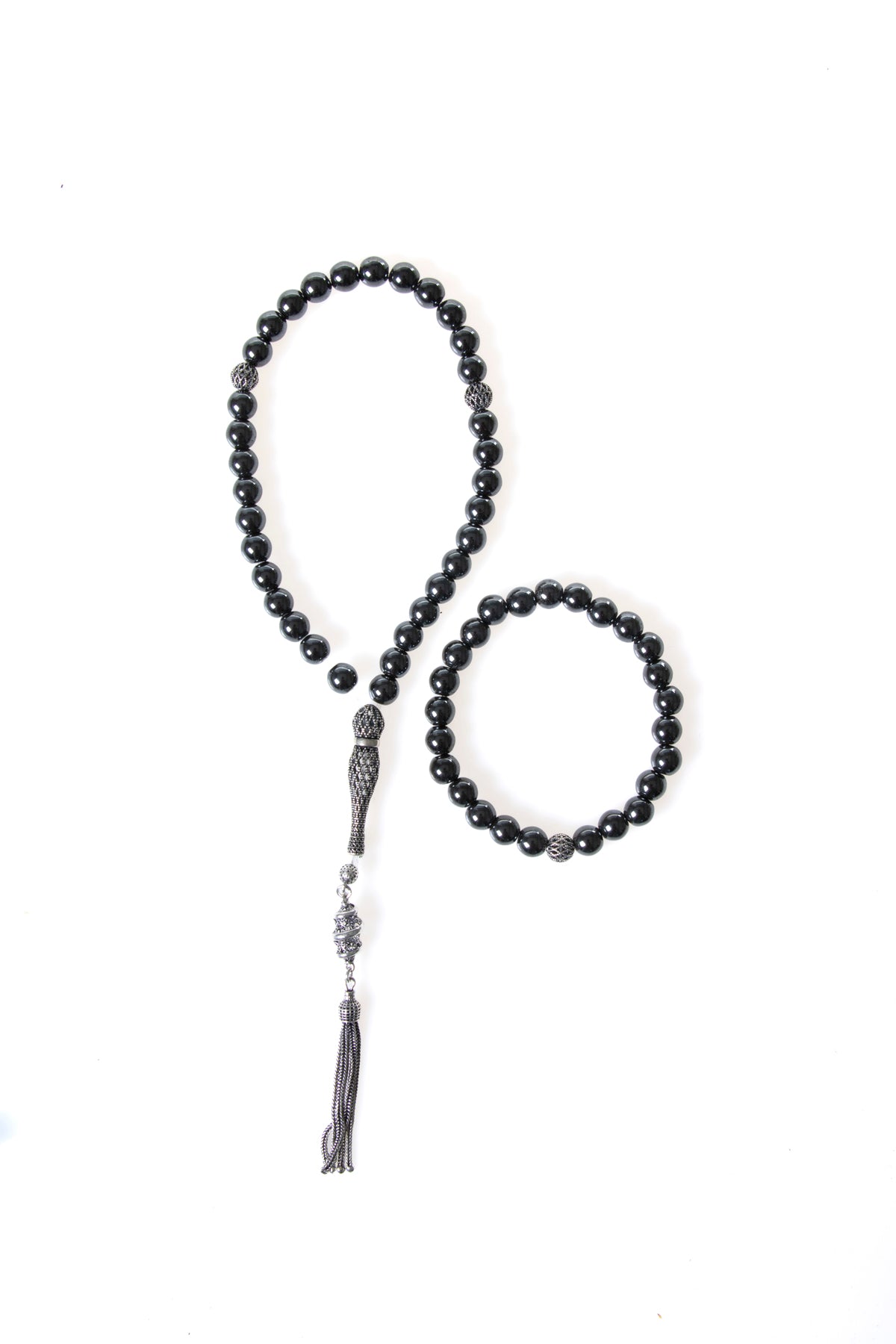 Sertifikalı Hematit 925 Ayar Gümüş 8 mm İmameli Tesbih &amp; Bileklik Seti