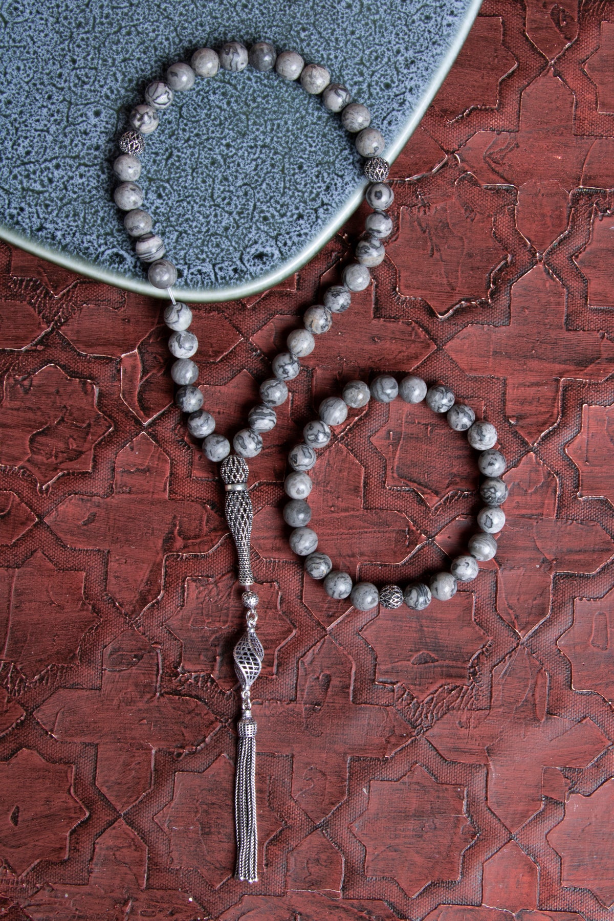 Sertifikalı Jasper 925 Ayar Gümüş 8 mm İmameli Tesbih &amp; Bileklik Seti