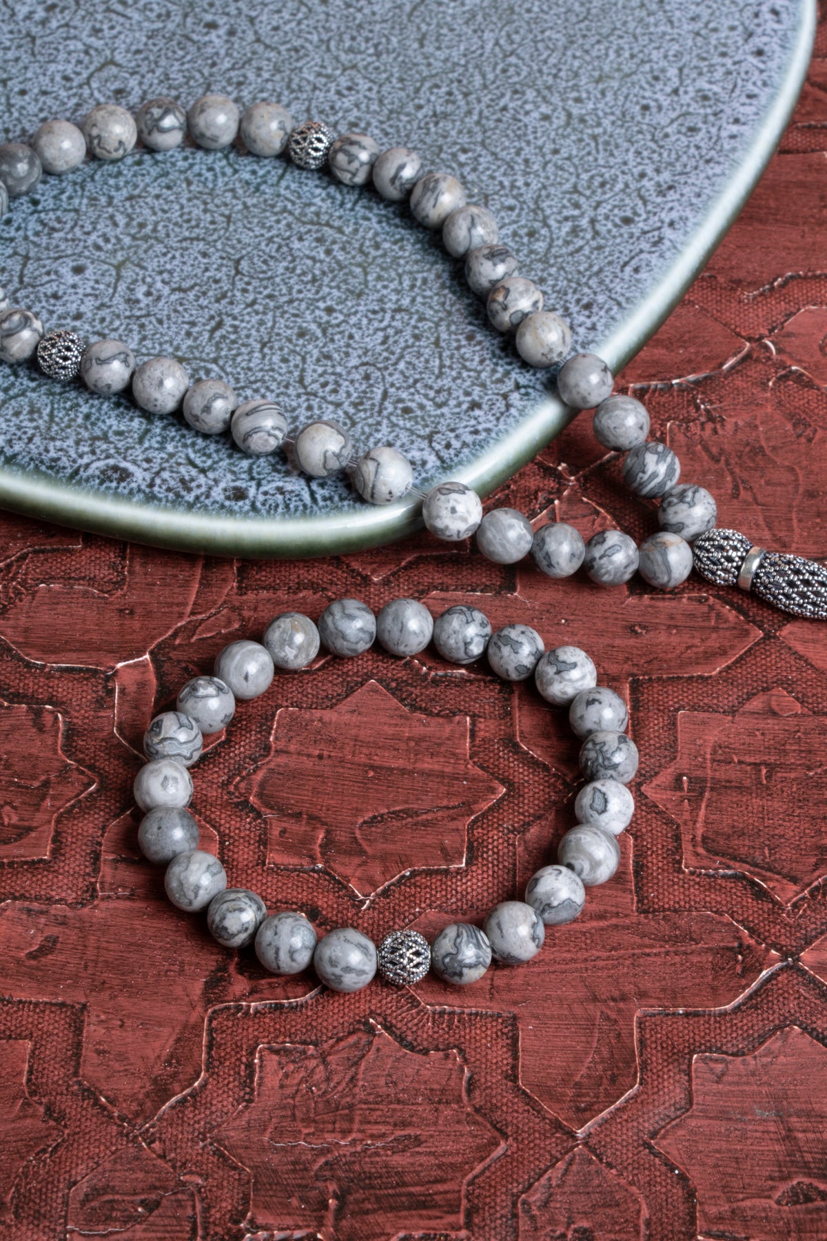 Sertifikalı Jasper 925 Ayar Gümüş 8 mm İmameli Tesbih &amp; Bileklik Seti