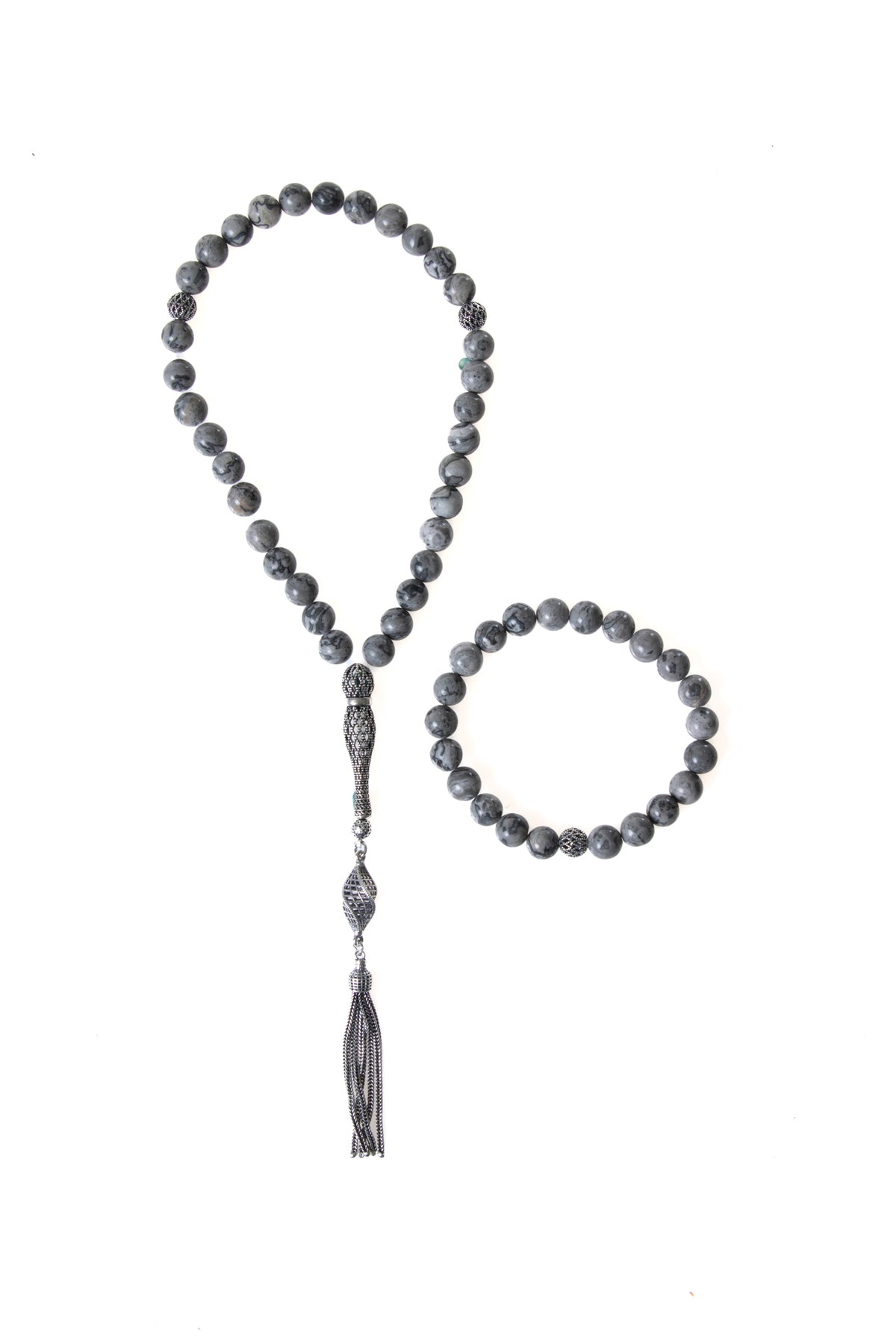 Sertifikalı Jasper 925 Ayar Gümüş 8 mm İmameli Tesbih &amp; Bileklik Seti