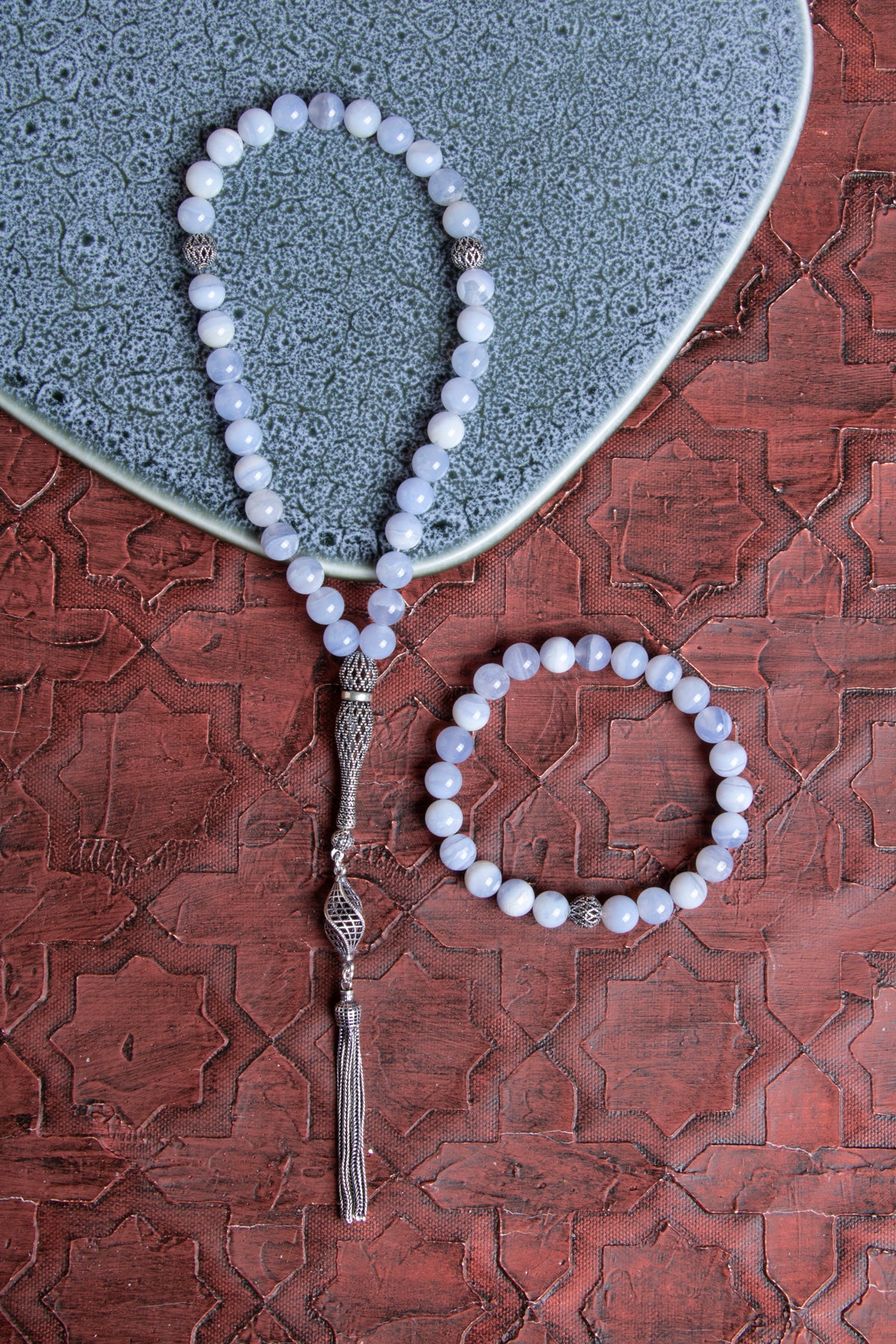 Sertifikalı Kalsedon 925 Ayar Gümüş 8 mm İmameli Tesbih &amp; Bileklik Seti