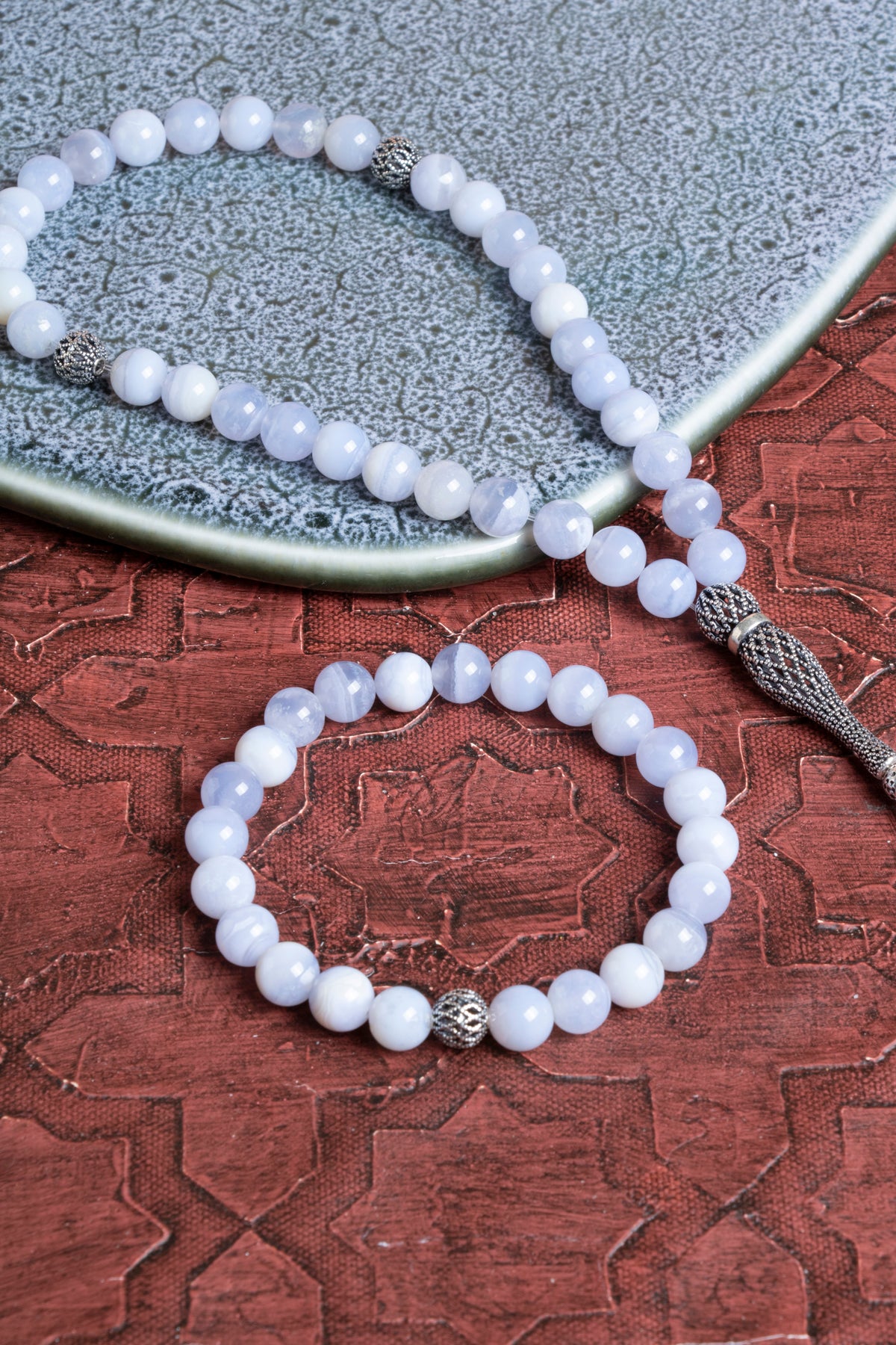 Sertifikalı Kalsedon 925 Ayar Gümüş 8 mm İmameli Tesbih &amp; Bileklik Seti