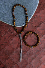 Sertifikalı Kaplan Gözü 925 Ayar Gümüş 8 mm İmameli Tesbih &amp; Bileklik Seti