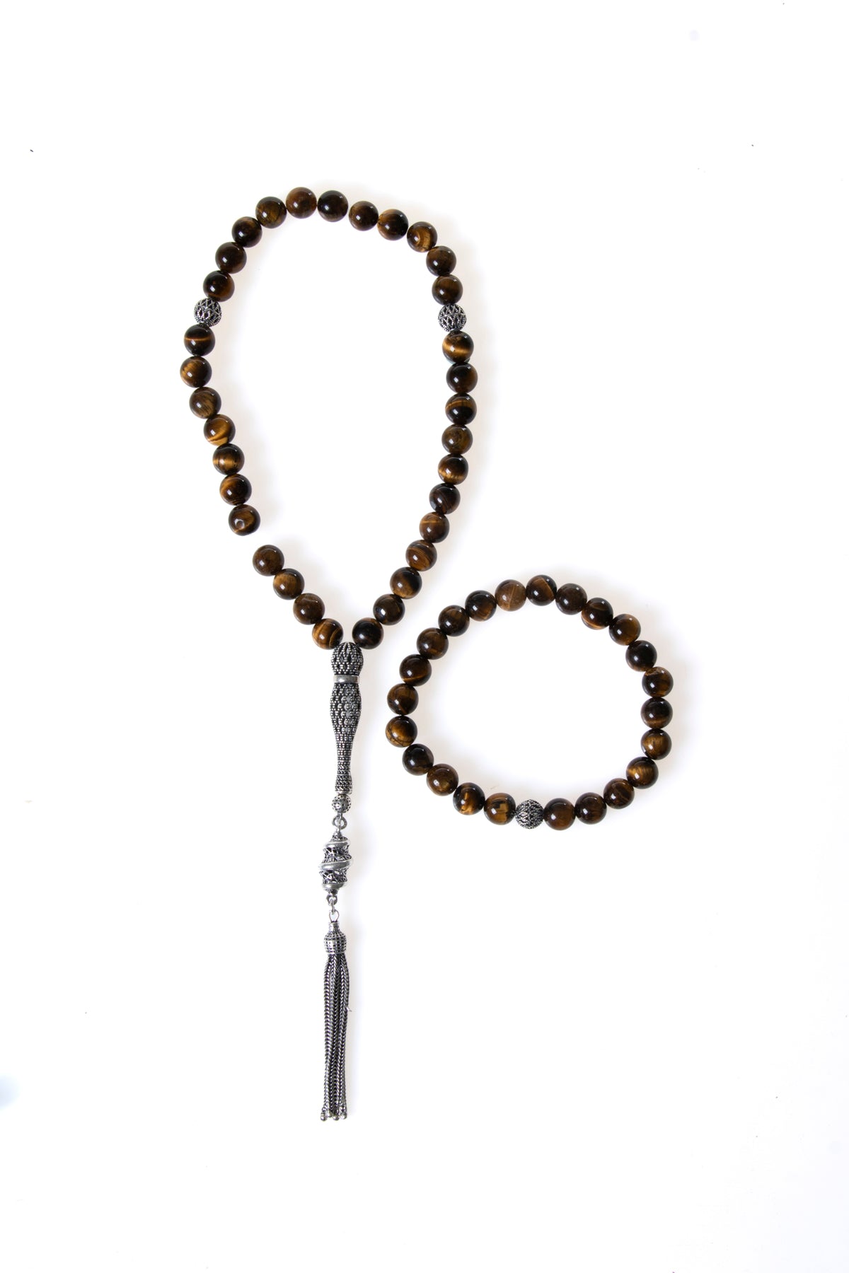 Sertifikalı Kaplan Gözü 925 Ayar Gümüş 8 mm İmameli Tesbih &amp; Bileklik Seti