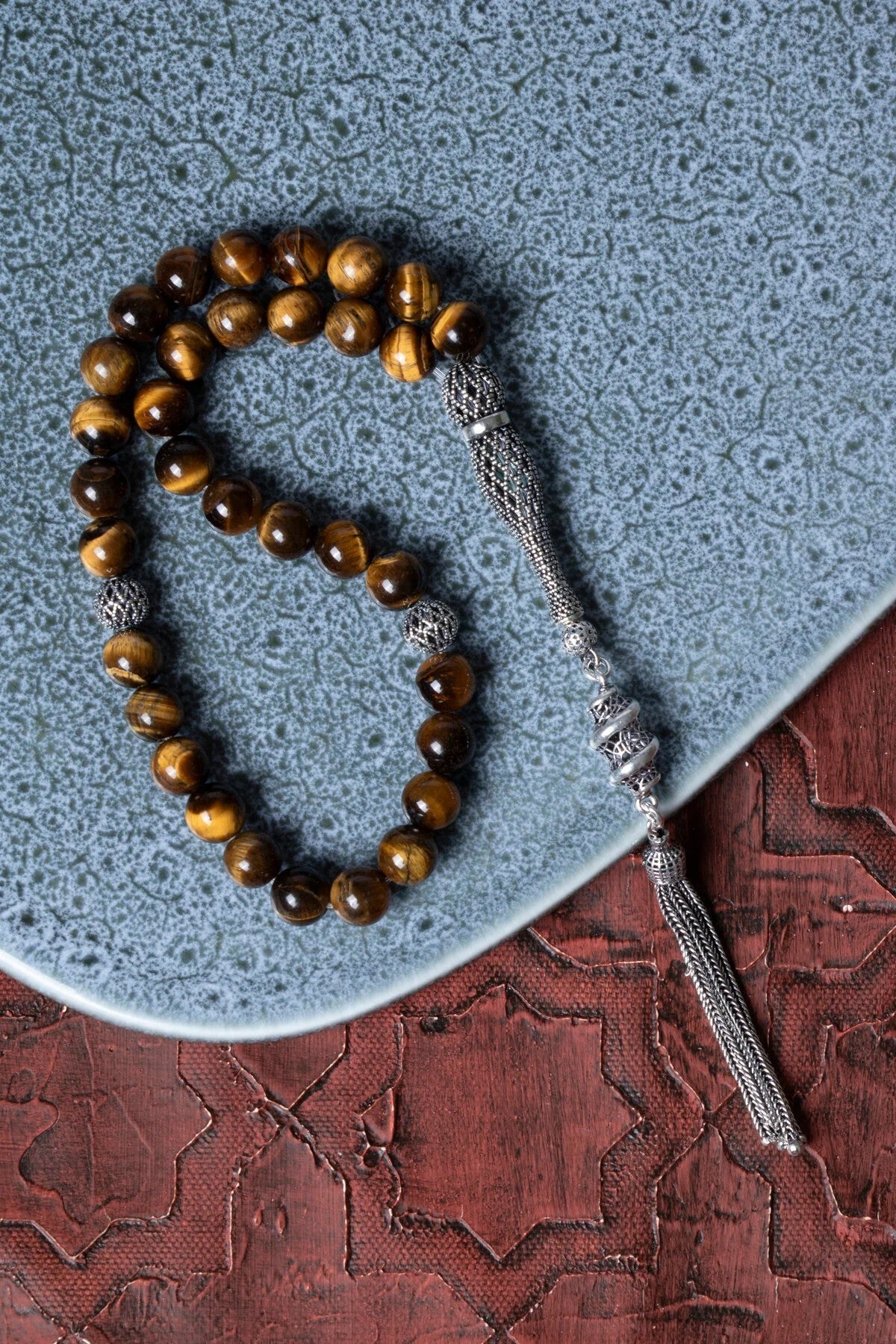 Sertifikalı 8 mm Kaplan Gözü 925 Ayar Gümüş İmameli Püskül 8 mm Tesbih