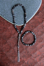 Sertifikalı Karlı Obsidyen 925 Ayar Gümüş 8 mm İmameli Tesbih &amp; Bileklik Seti