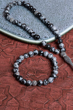 Sertifikalı Karlı Obsidyen 925 Ayar Gümüş 8 mm İmameli Tesbih &amp; Bileklik Seti