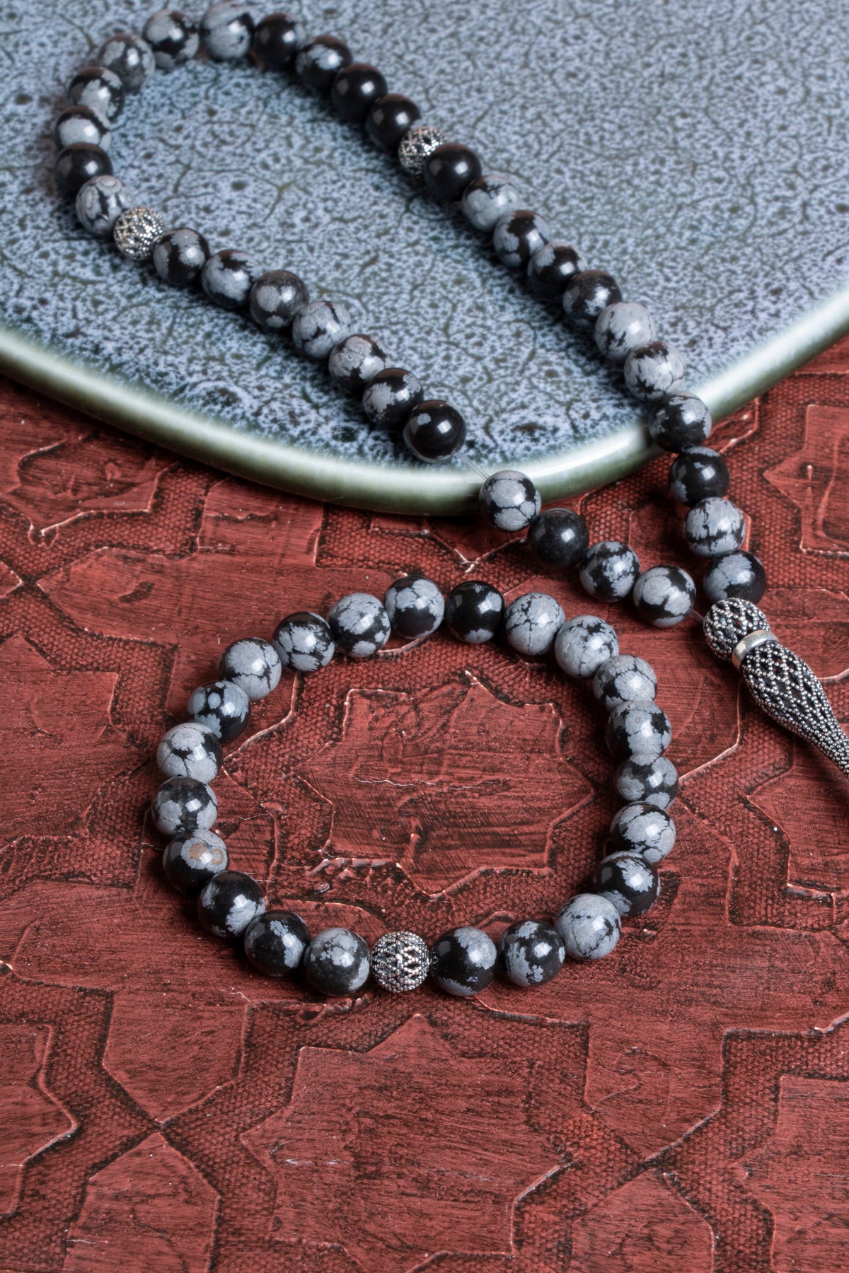 Sertifikalı Karlı Obsidyen 925 Ayar Gümüş 8 mm İmameli Tesbih &amp; Bileklik Seti