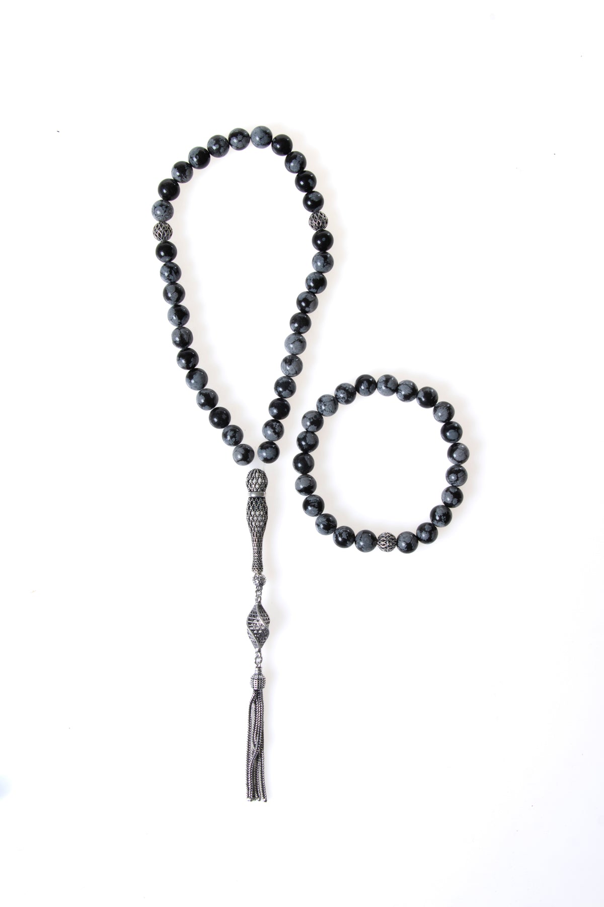 Sertifikalı Karlı Obsidyen 925 Ayar Gümüş 8 mm İmameli Tesbih &amp; Bileklik Seti