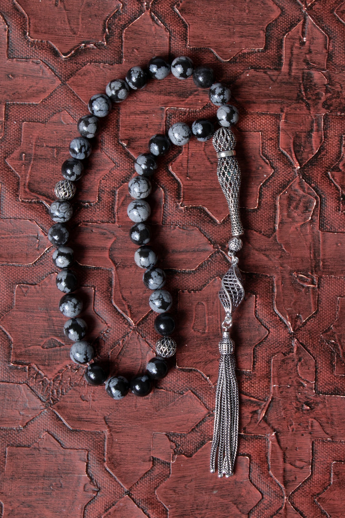 Sertifikalı Karlı Obsidyen 925 Ayar Gümüş İmameli Püsküllü Tesbih