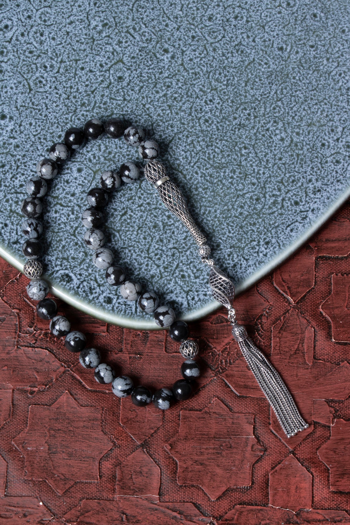 Sertifikalı Karlı Obsidyen 925 Ayar Gümüş İmameli Püsküllü Tesbih